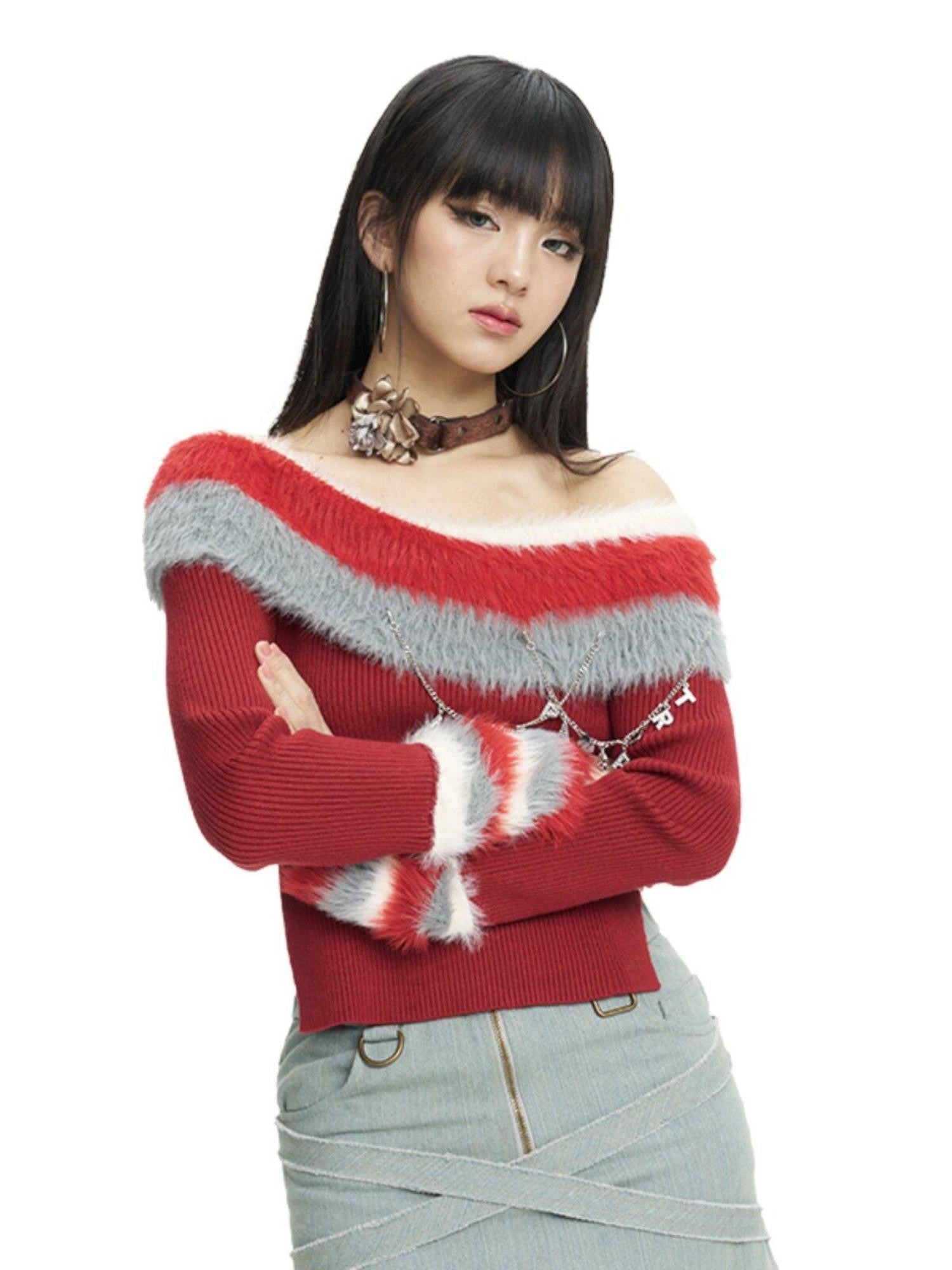 NextPassport MOF Red Convertible Fur Collar Boat Neck Women's Viscose Off-shoulder Sweaters