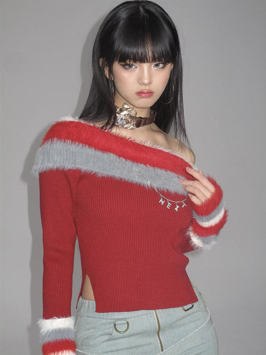 NextPassport MOF Red Convertible Fur Collar Boat Neck Women's Viscose Off-shoulder Sweaters