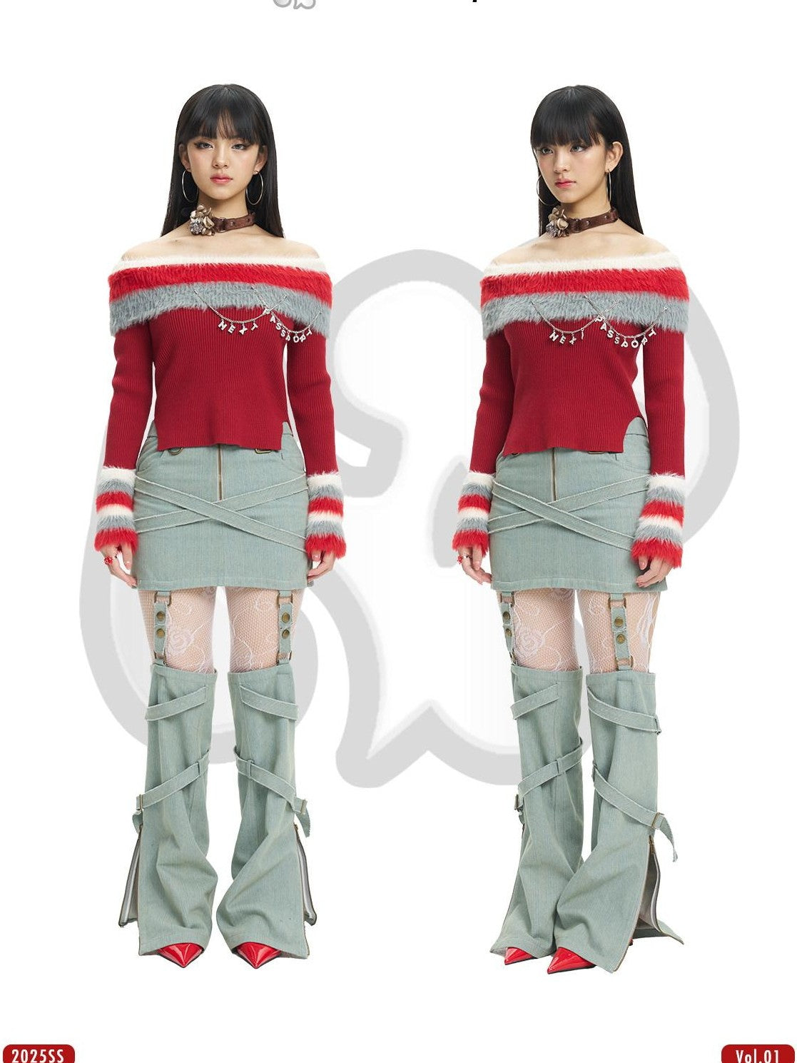 NextPassport MOF Red Convertible Fur Collar Boat Neck Women's Viscose Off-shoulder Sweaters