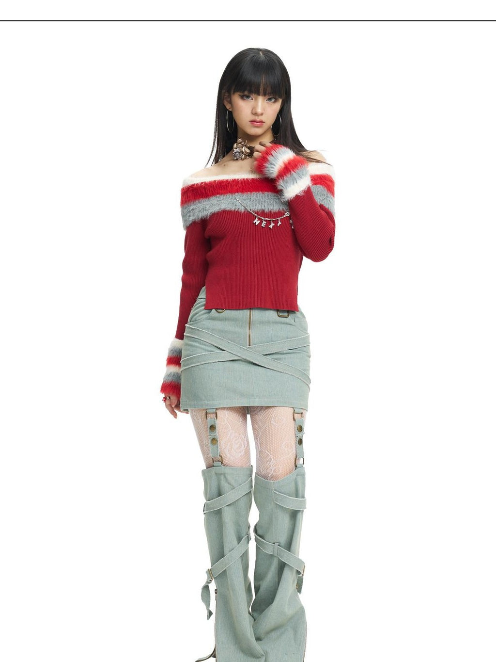 NextPassport MOF Red Convertible Fur Collar Boat Neck Women's Viscose Off-shoulder Sweaters
