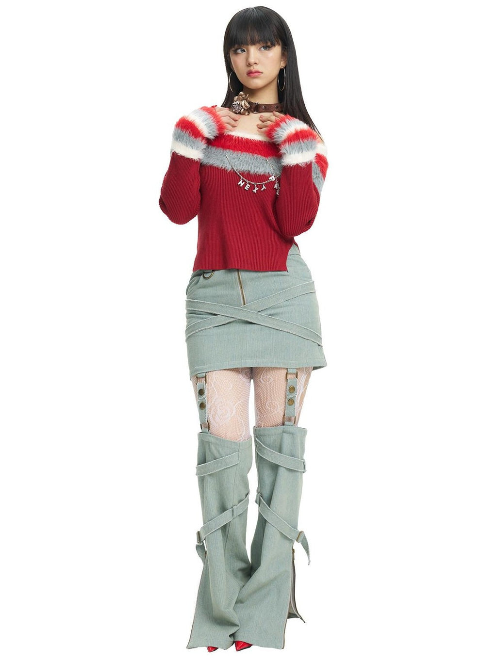 NextPassport MOF Red Convertible Fur Collar Boat Neck Women's Viscose Off-shoulder Sweaters