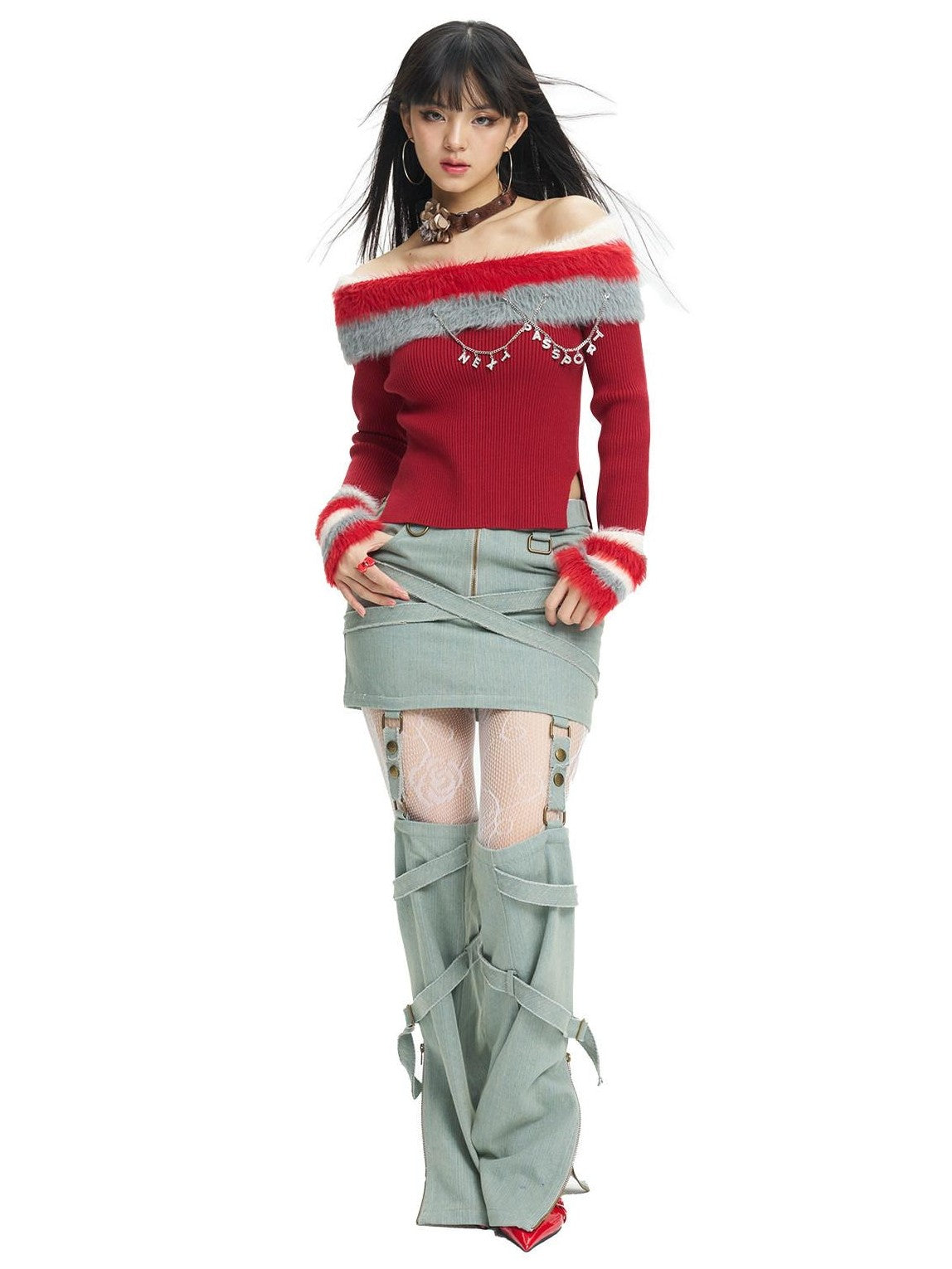 NextPassport MOF Red Convertible Fur Collar Boat Neck Women's Viscose Off-shoulder Sweaters