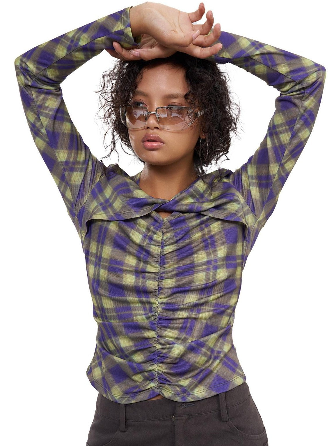 NextPassport MOF Red Cross Ruched Neckline Women's Cotton Blend Long Sleeve T-shirts