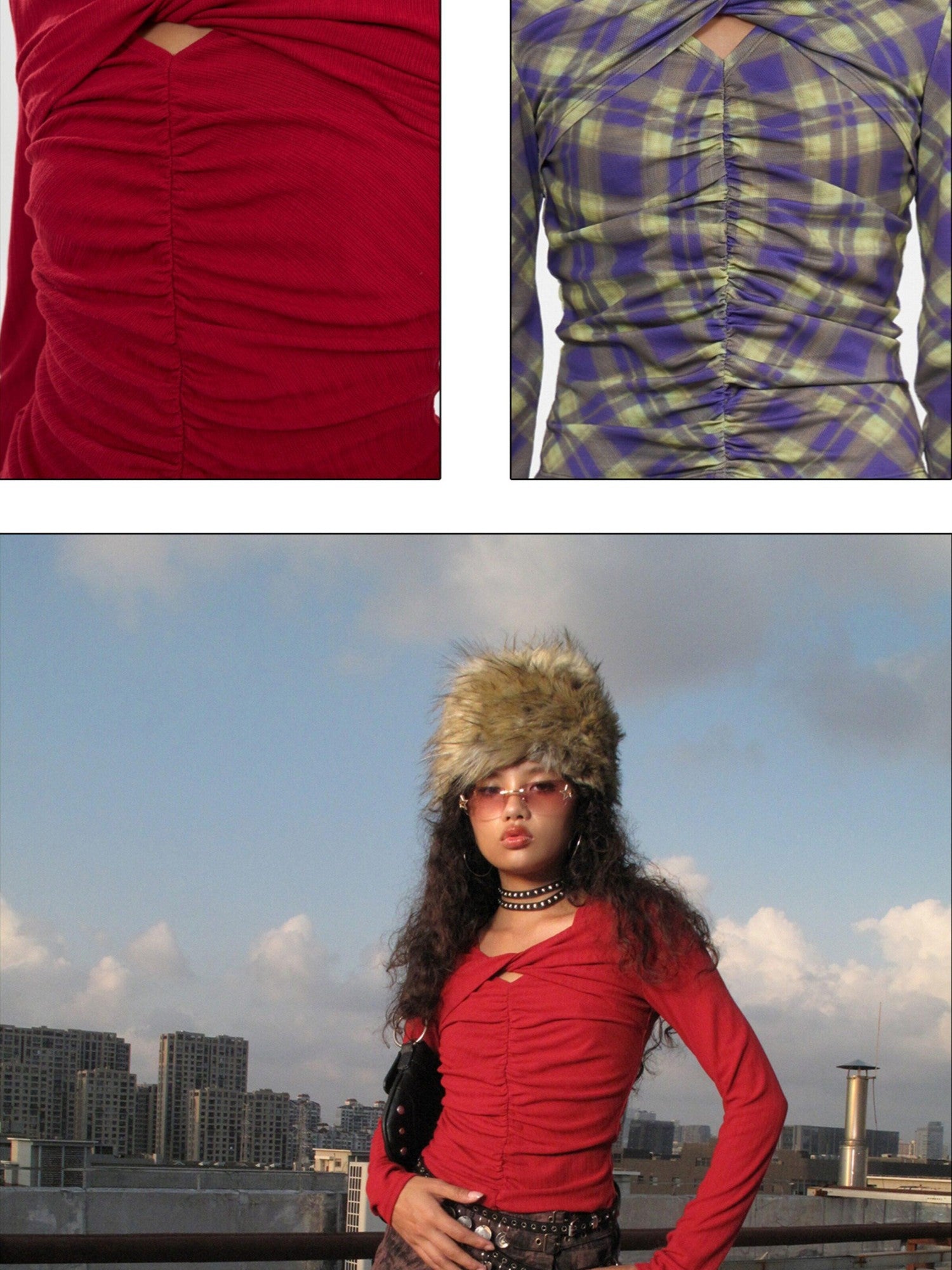 NextPassport MOF Red Cross Ruched Neckline Women's Cotton Blend Long Sleeve T-shirts