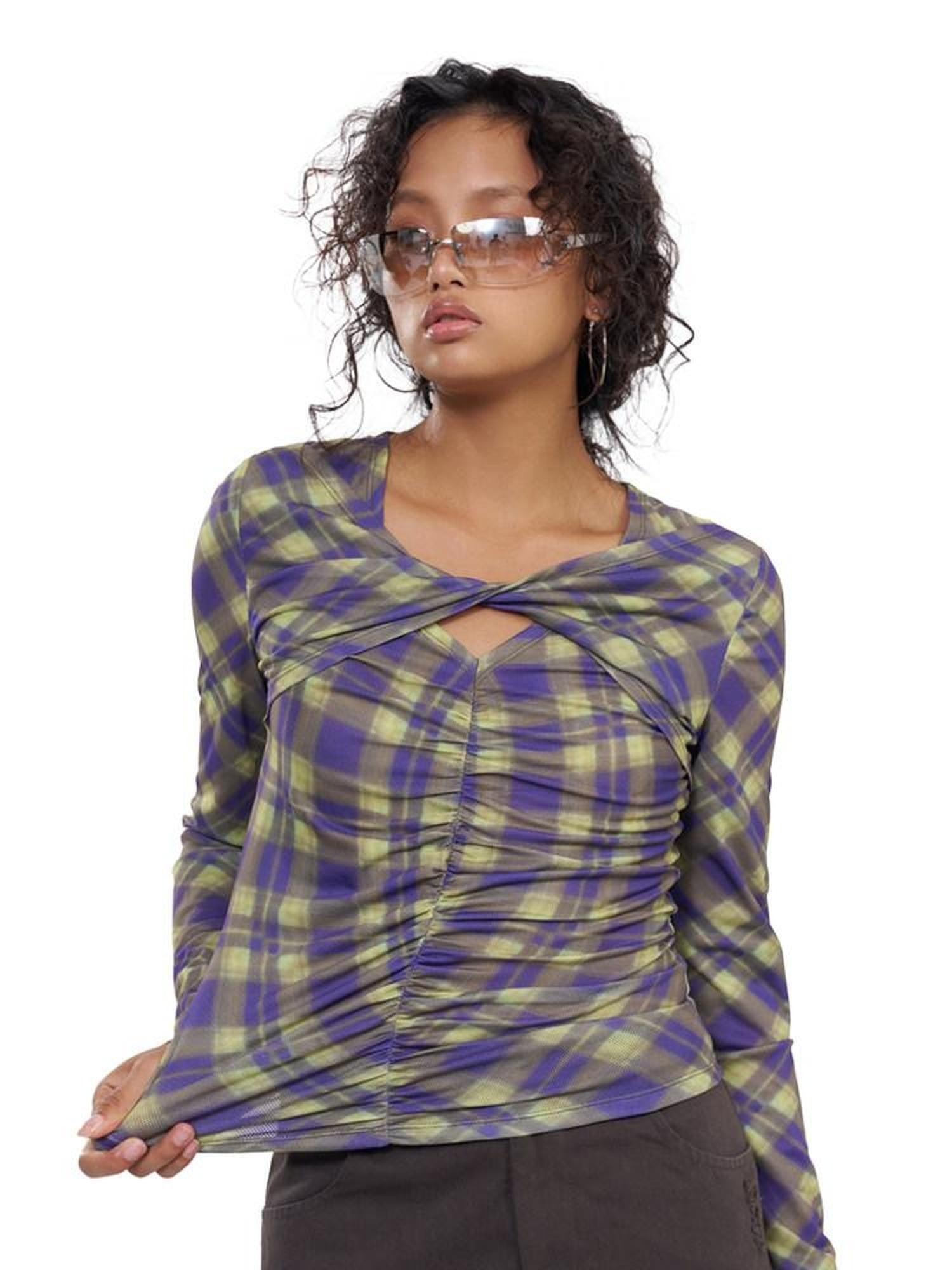 NextPassport MOF Red Cross Ruched Neckline Women's Cotton Blend Long Sleeve T-shirts