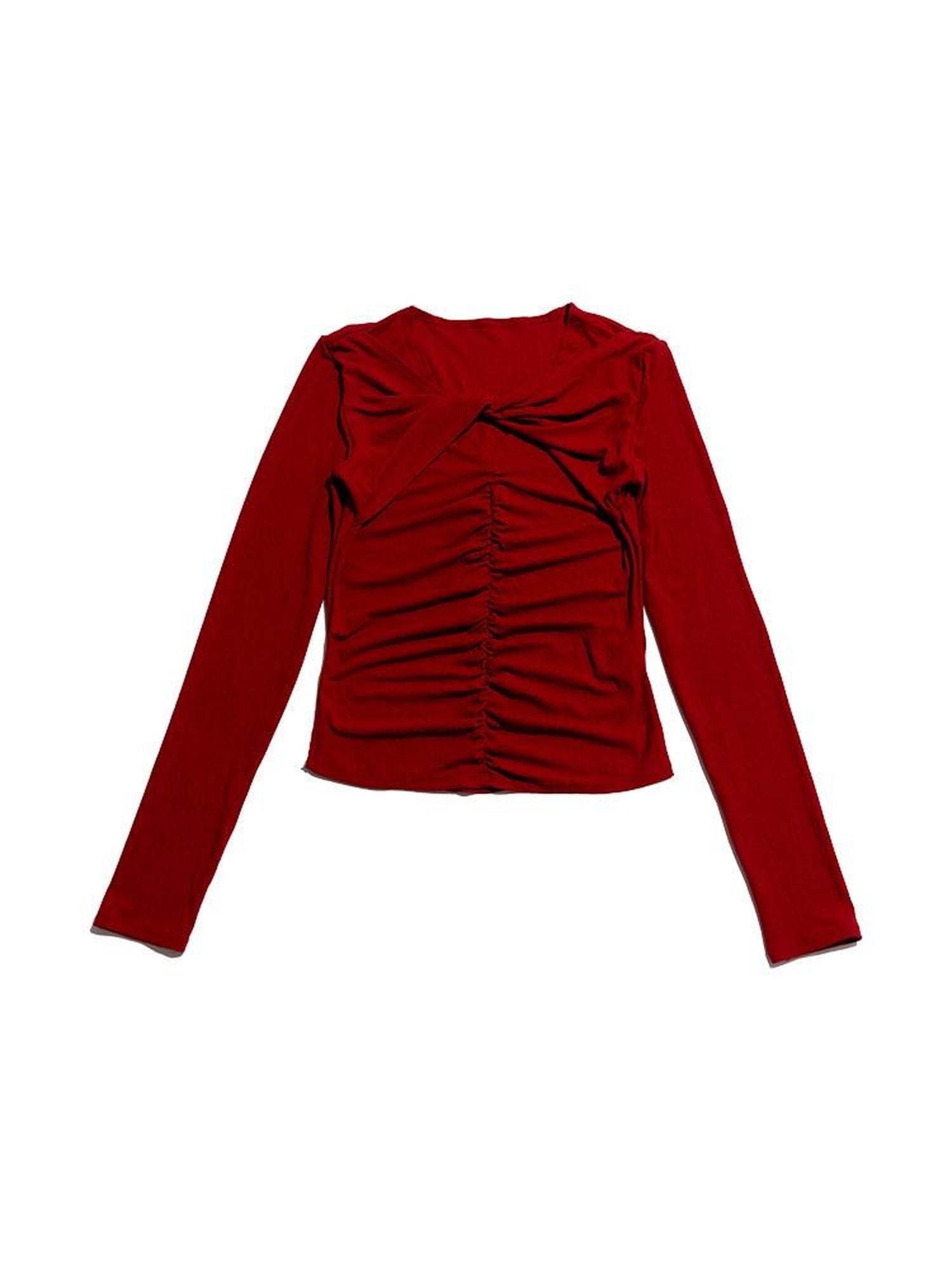 NextPassport MOF Red Cross Ruched Neckline Women's Cotton Blend Long Sleeve T-shirts