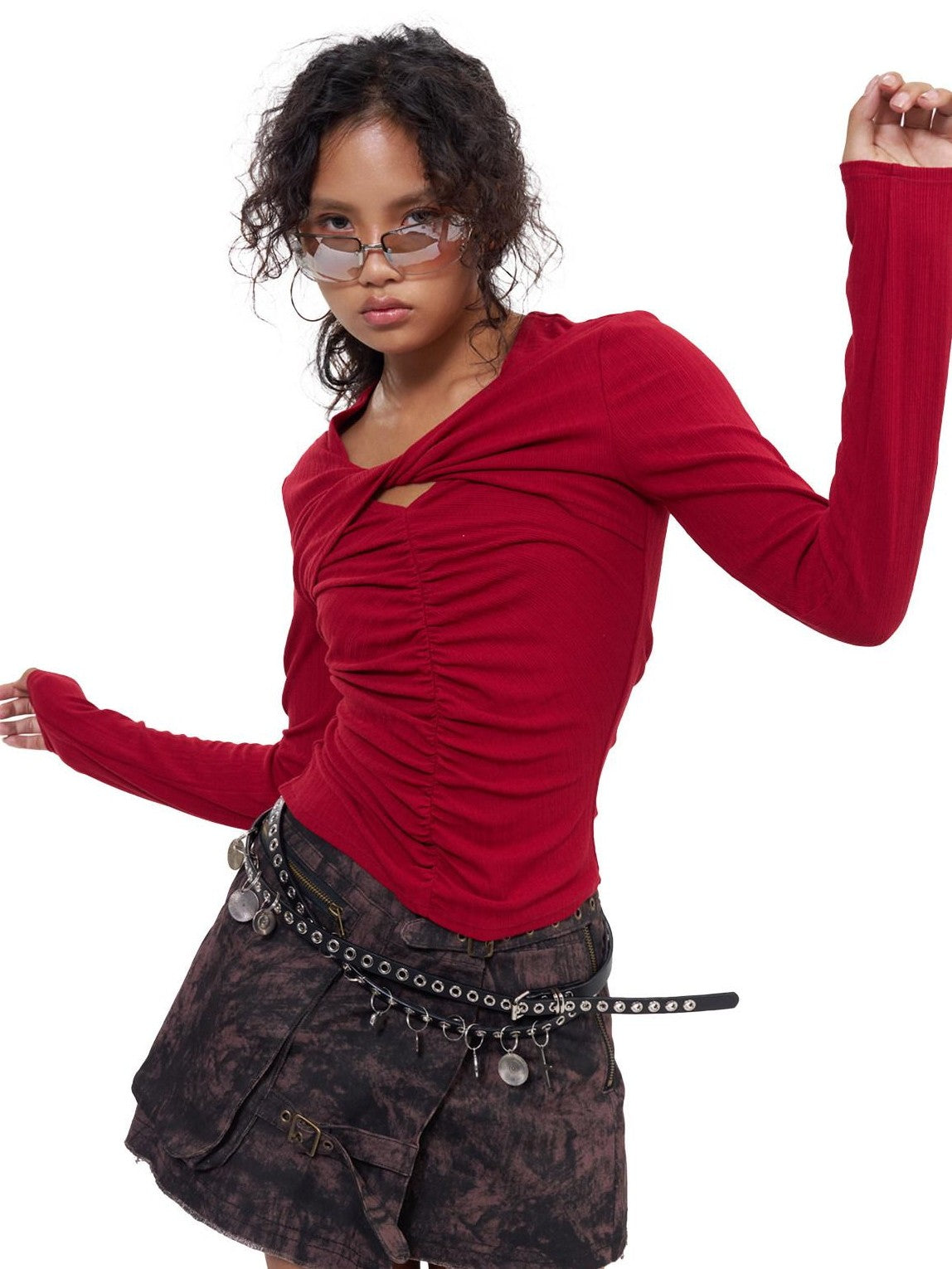 NextPassport MOF Red Cross Ruched Neckline Women's Cotton Blend Long Sleeve T-shirts