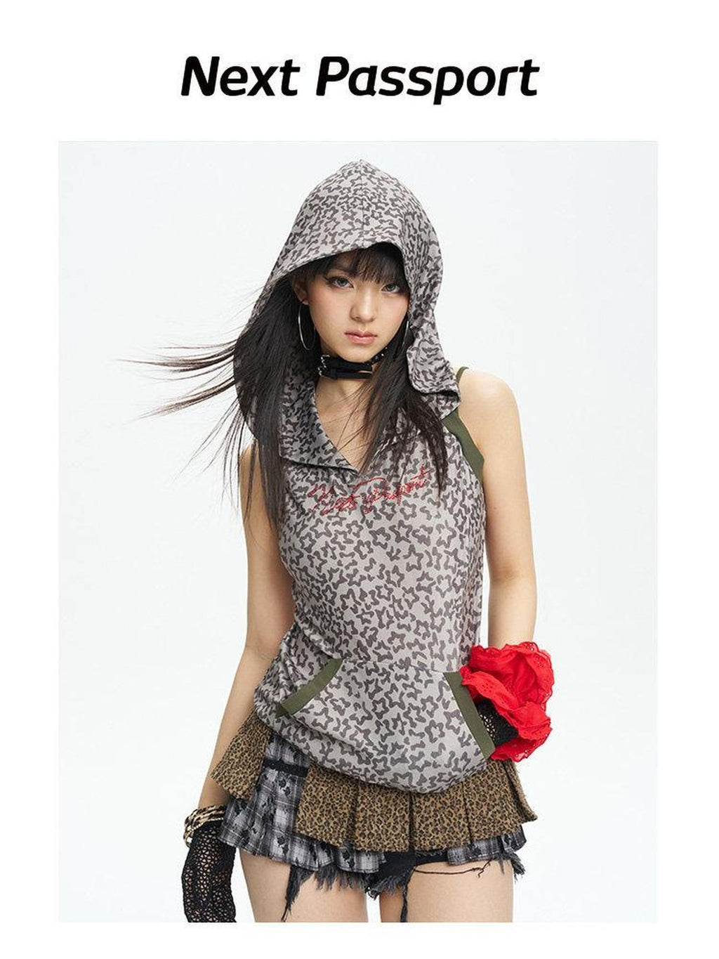 NextPassport MOF Red Rhinestone Leopard Print Hooded Women's Lightweight Tank Tops