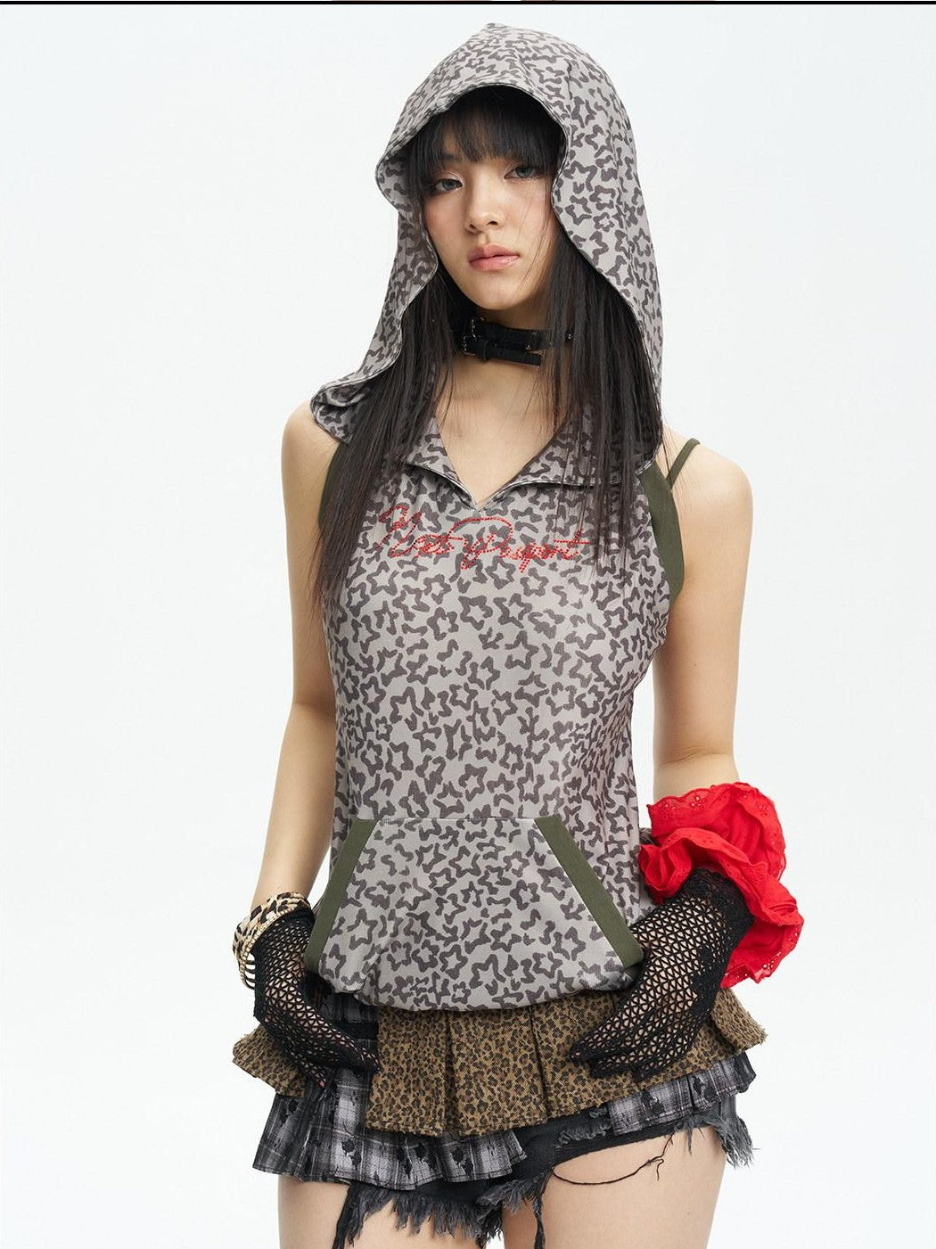 NextPassport MOF Red Rhinestone Leopard Print Hooded Women's Lightweight Tank Tops