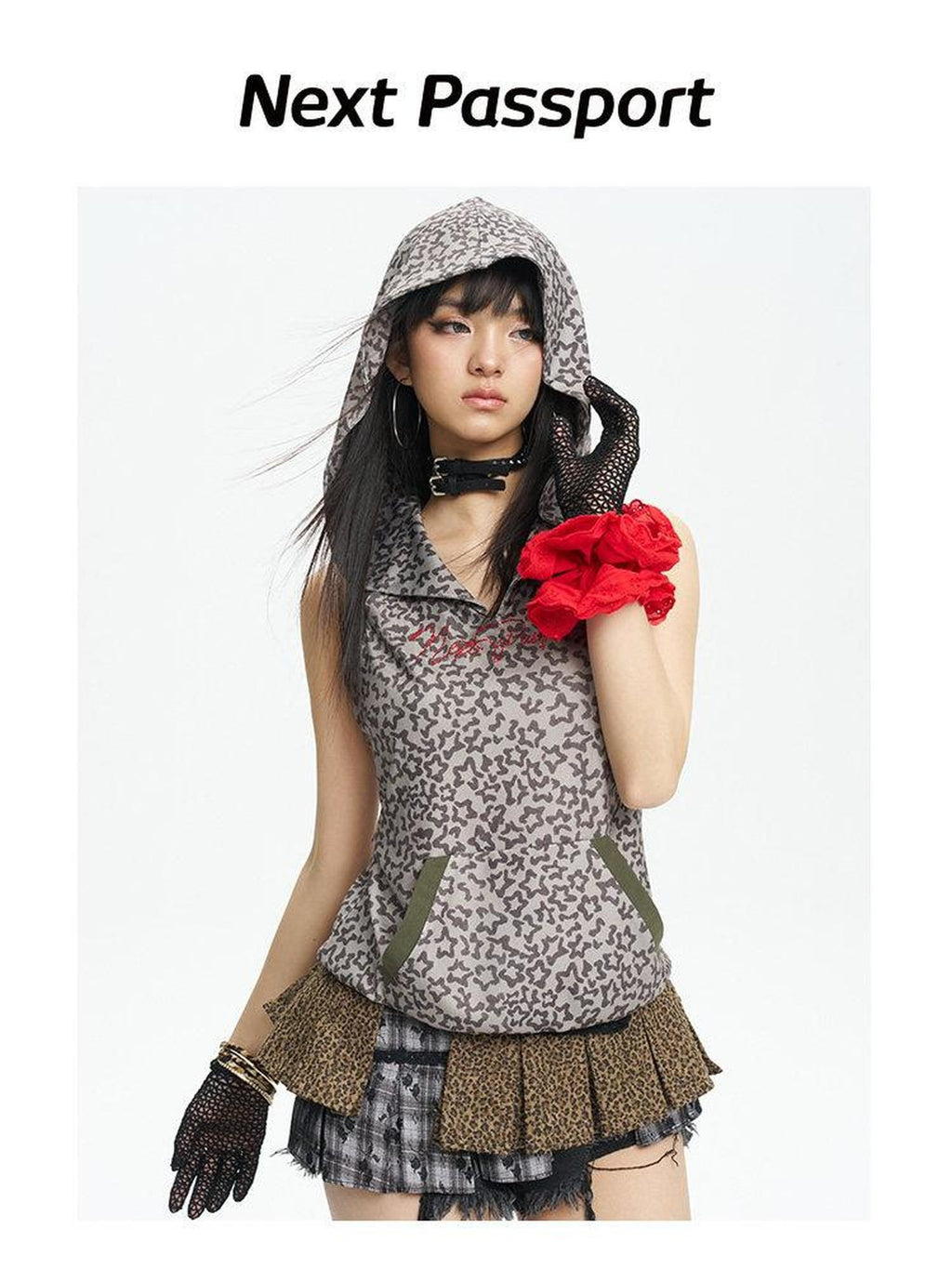 NextPassport MOF Red Rhinestone Leopard Print Hooded Women's Lightweight Tank Tops