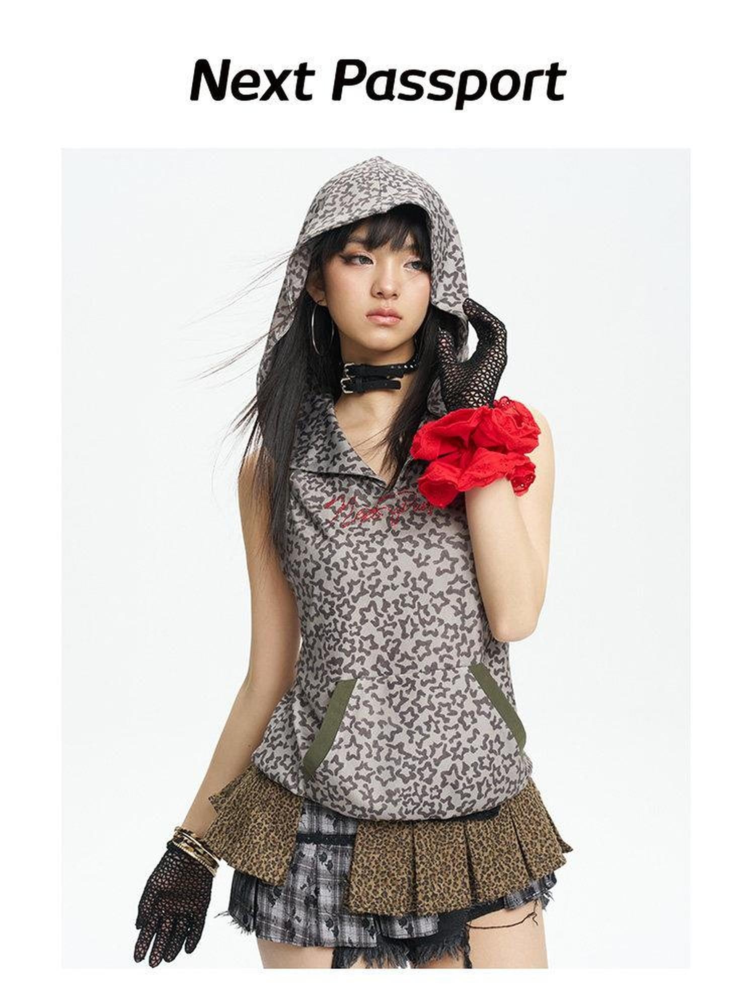 NextPassport MOF Red Rhinestone Leopard Print Hooded Women's Lightweight Tank Tops