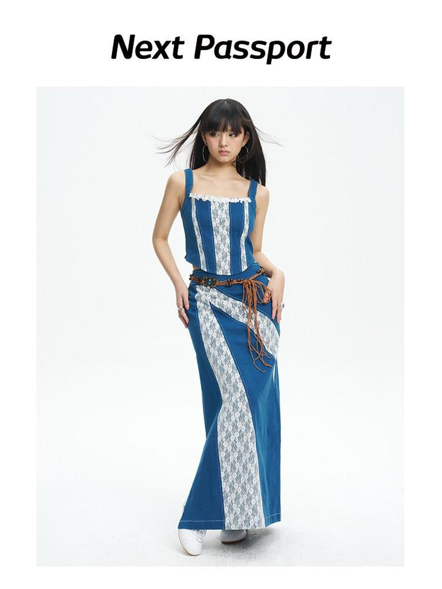 NextPassport MOF Retro Lace Patchwork Colorblock High Waist Women's Denim Maxi Skirts