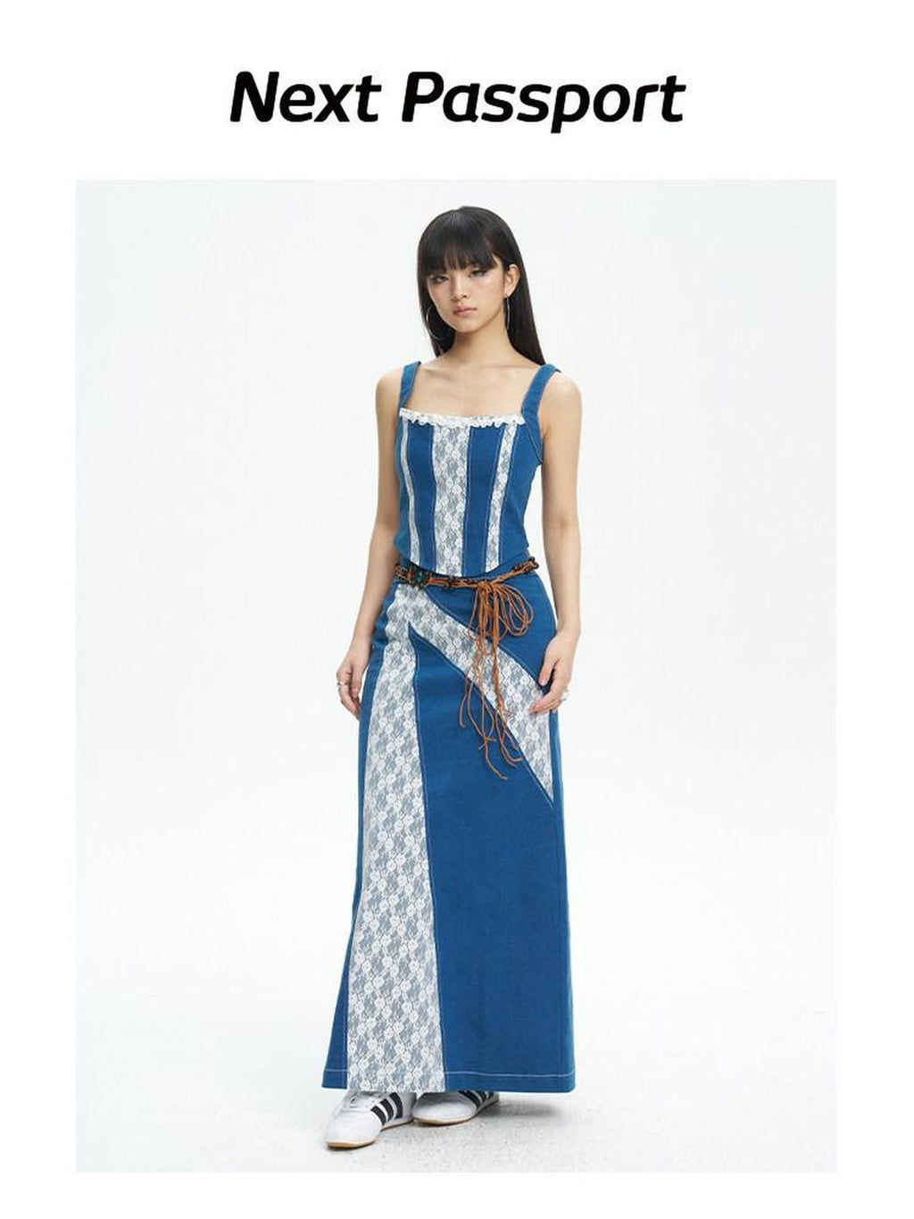 NextPassport MOF Retro Lace Patchwork Colorblock High Waist Women's Denim Maxi Skirts
