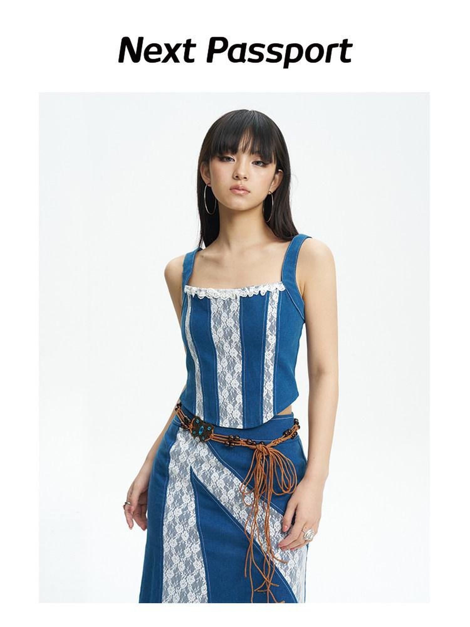 NextPassport MOF Retro Lace Patchwork Colorblock High Waist Women's Denim Maxi Skirts