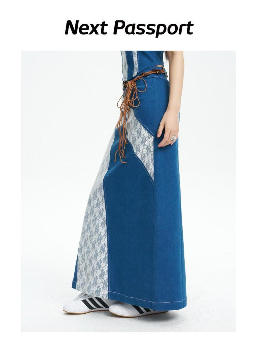 NextPassport MOF Retro Lace Patchwork Colorblock High Waist Women's Denim Maxi Skirts
