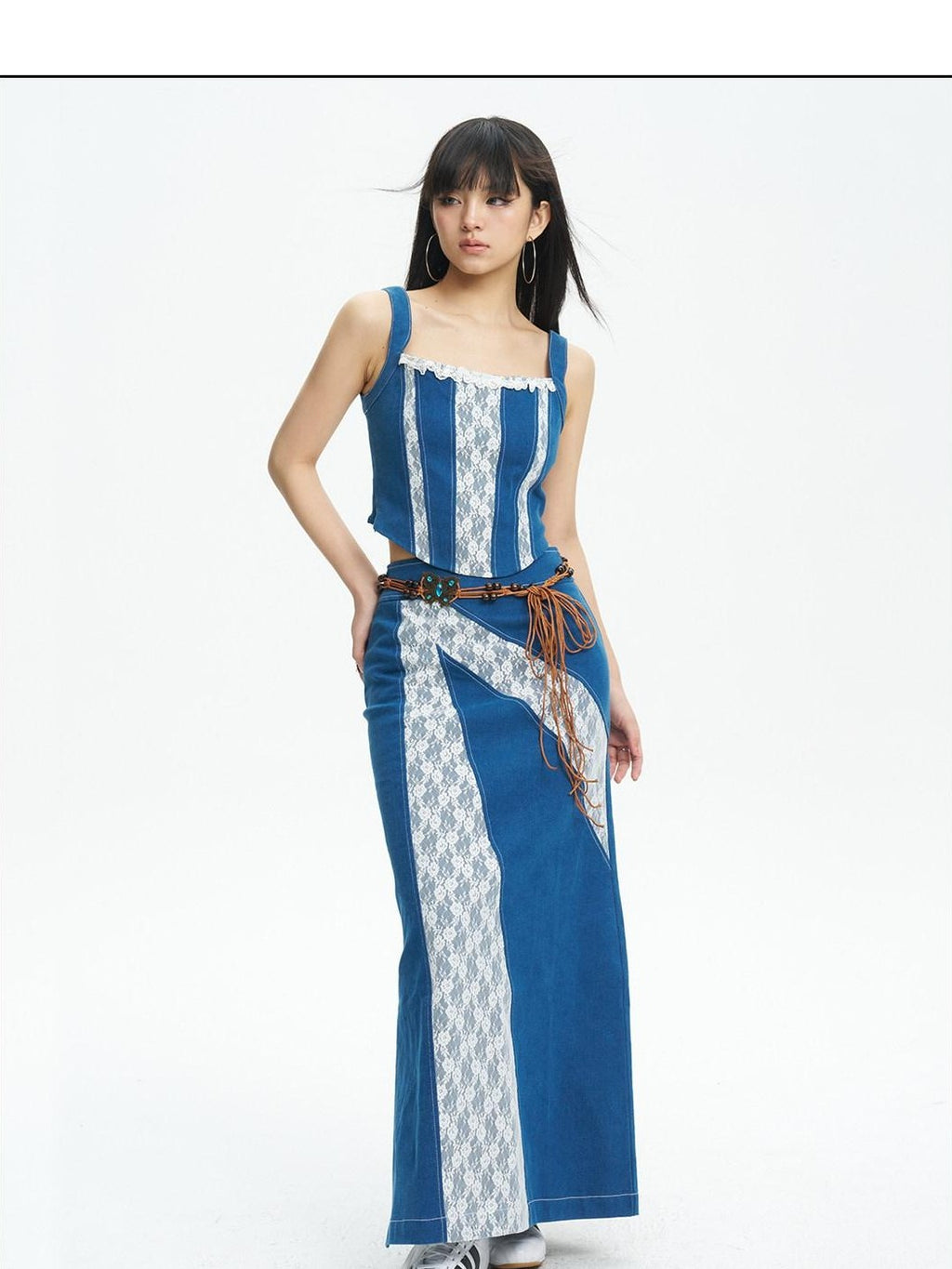 NextPassport MOF Retro Lace Patchwork Colorblock High Waist Women's Denim Maxi Skirts
