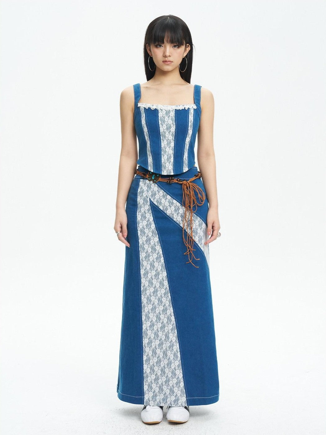 NextPassport MOF Retro Lace Patchwork Colorblock High Waist Women's Denim Maxi Skirts