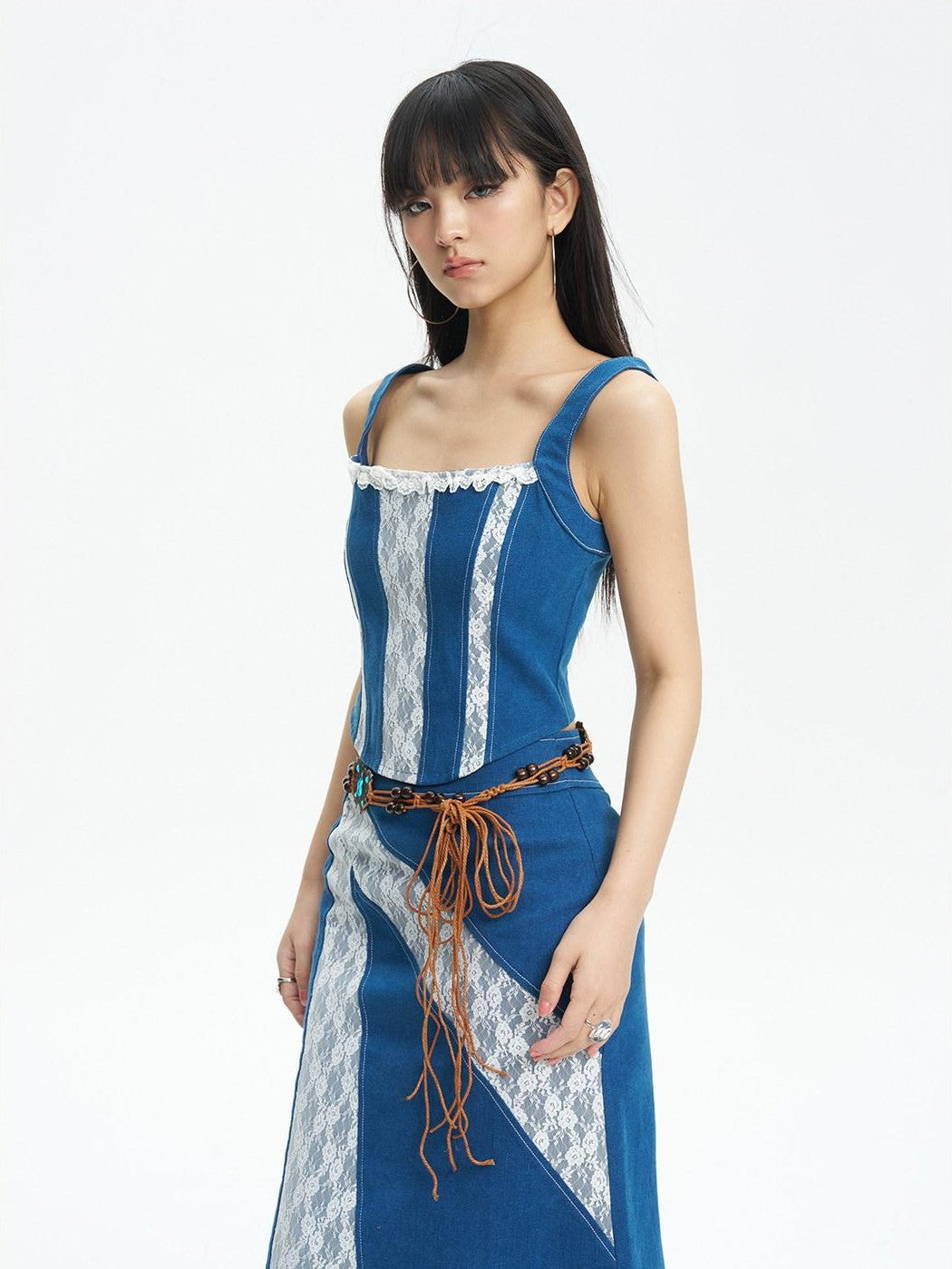 NextPassport MOF Retro Lace Patchwork Colorblock High Waist Women's Denim Maxi Skirts