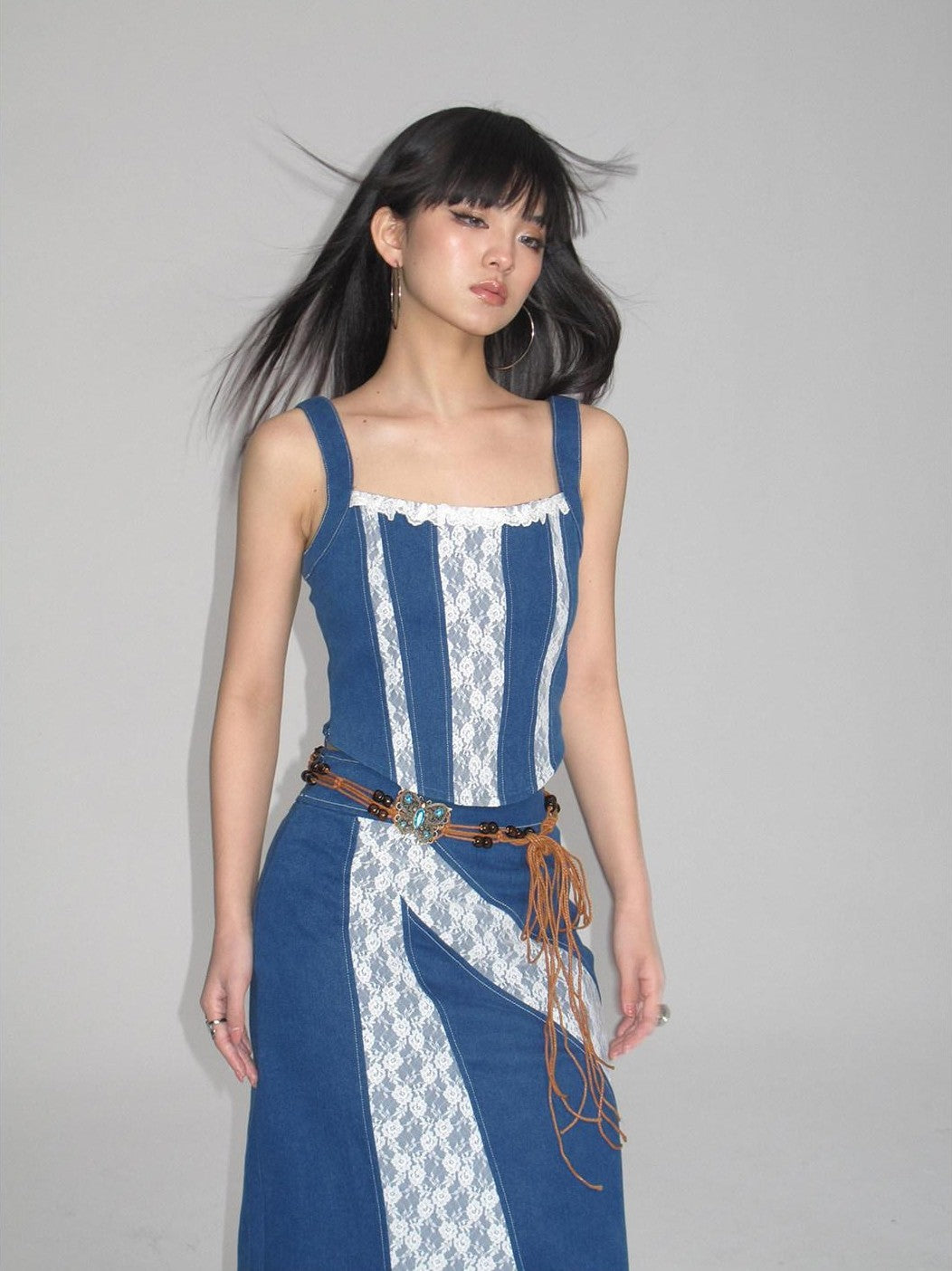 NextPassport MOF Retro Lace Patchwork Colorblock High Waist Women's Denim Maxi Skirts