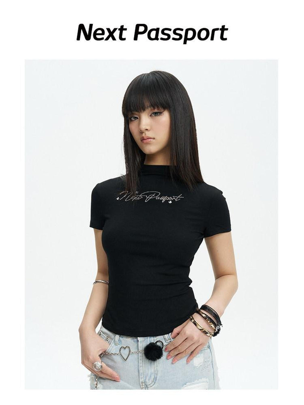 NextPassport MOF Rhinestone Logo Print Waist Cinched Women's Recycled Viscose Blend Slim T-shirts