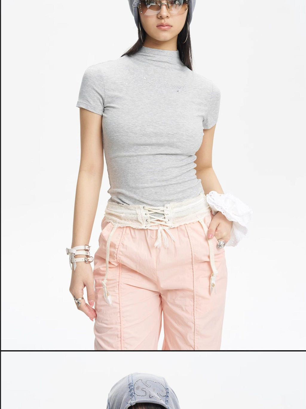 NextPassport MOF Rhinestone Logo Print Waist Cinched Women's Recycled Viscose Blend Slim T-shirts