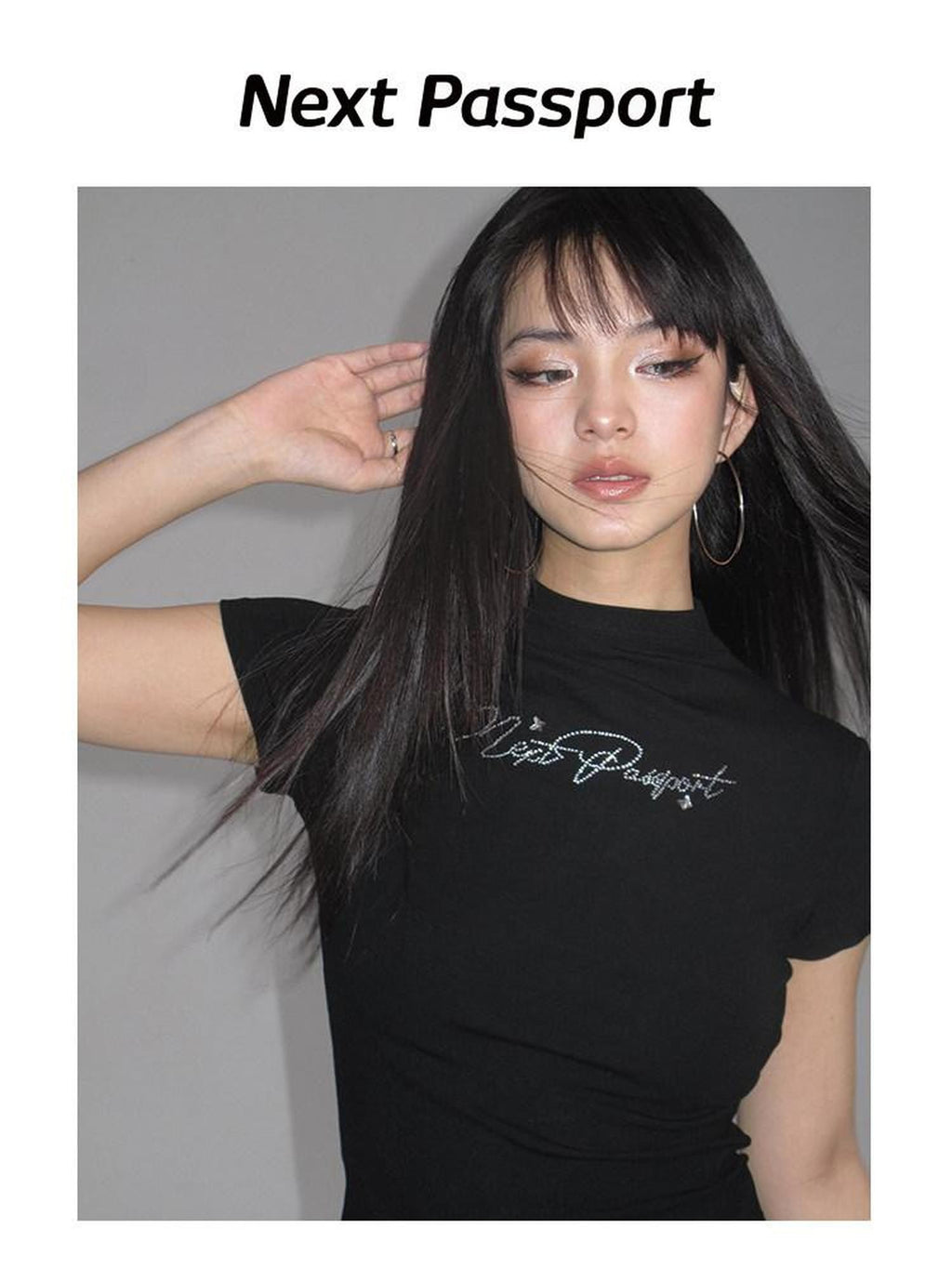 NextPassport MOF Rhinestone Logo Print Waist Cinched Women's Recycled Viscose Blend Slim T-shirts