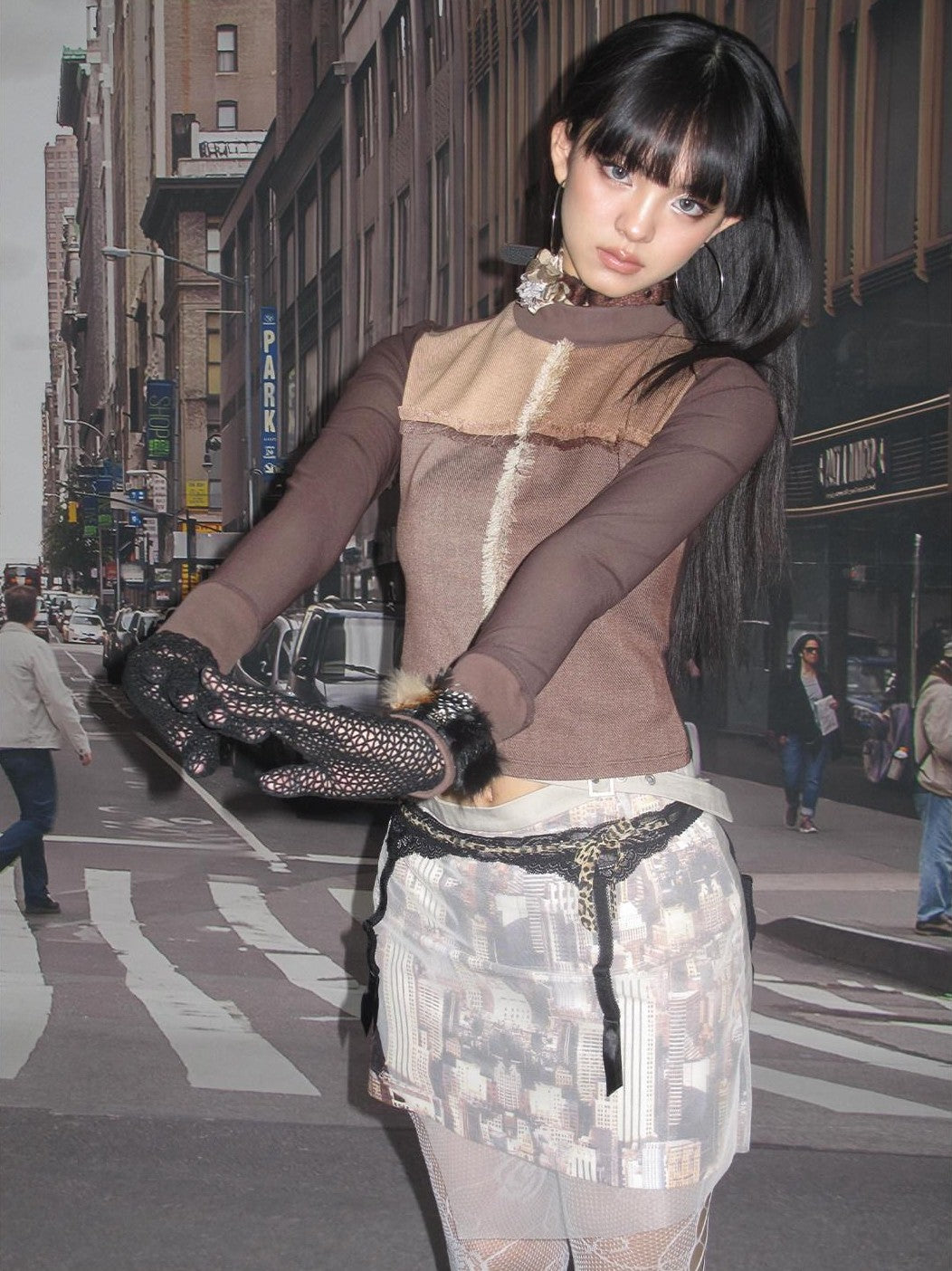 NextPassport MOF Sheer Overlay Asymmetric Double Waist A Line Retro Women's Mini Skirts