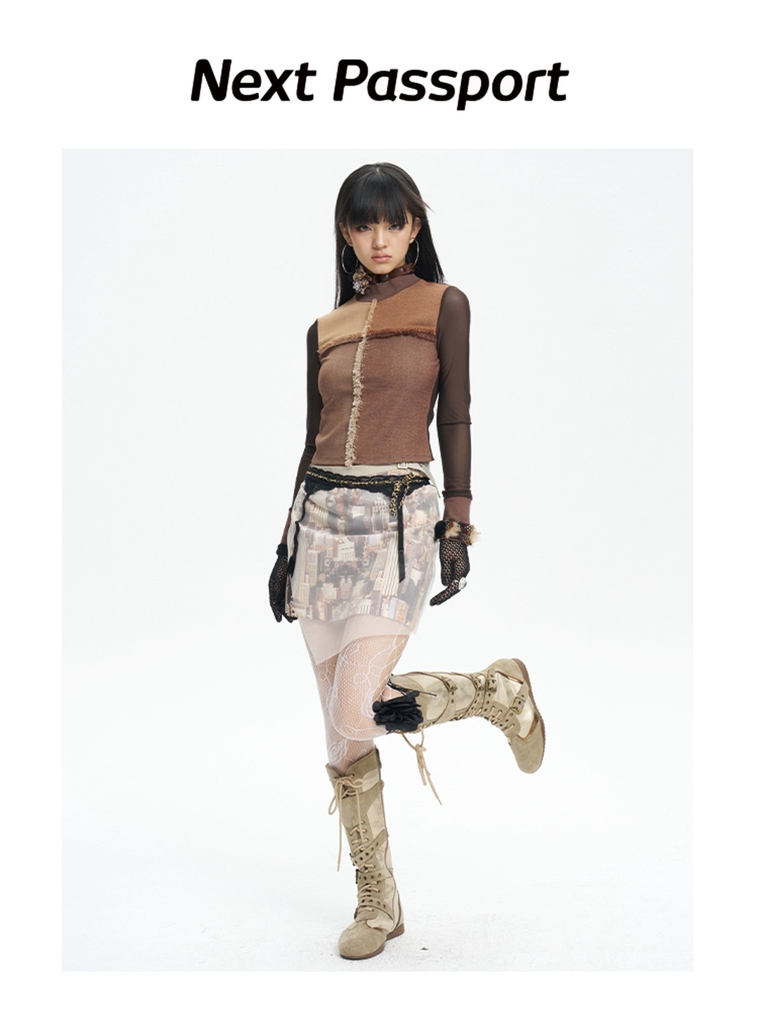 NextPassport MOF Sheer Overlay Asymmetric Double Waist A Line Retro Women's Mini Skirts