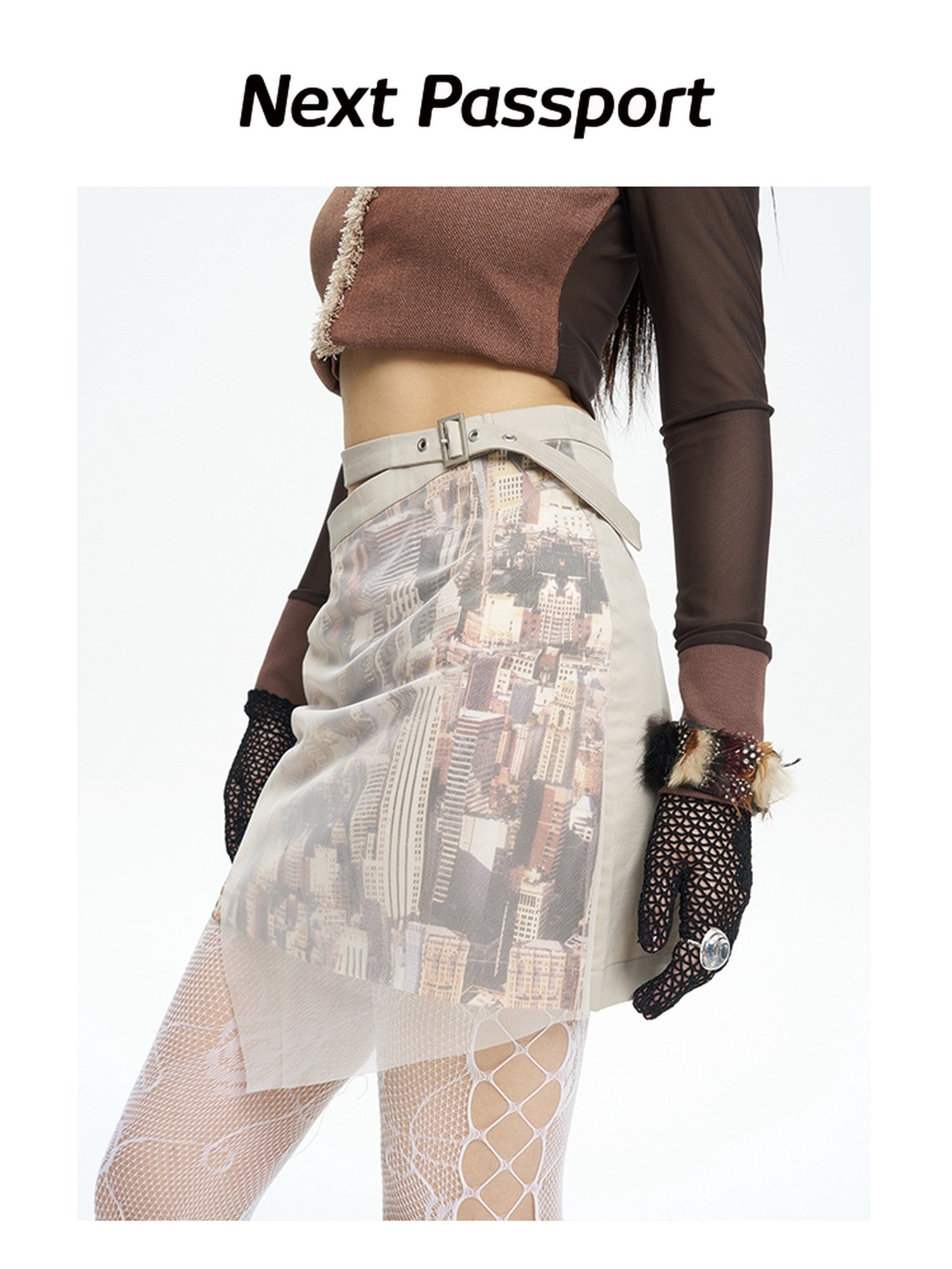 NextPassport MOF Sheer Overlay Asymmetric Double Waist A Line Retro Women's Mini Skirts