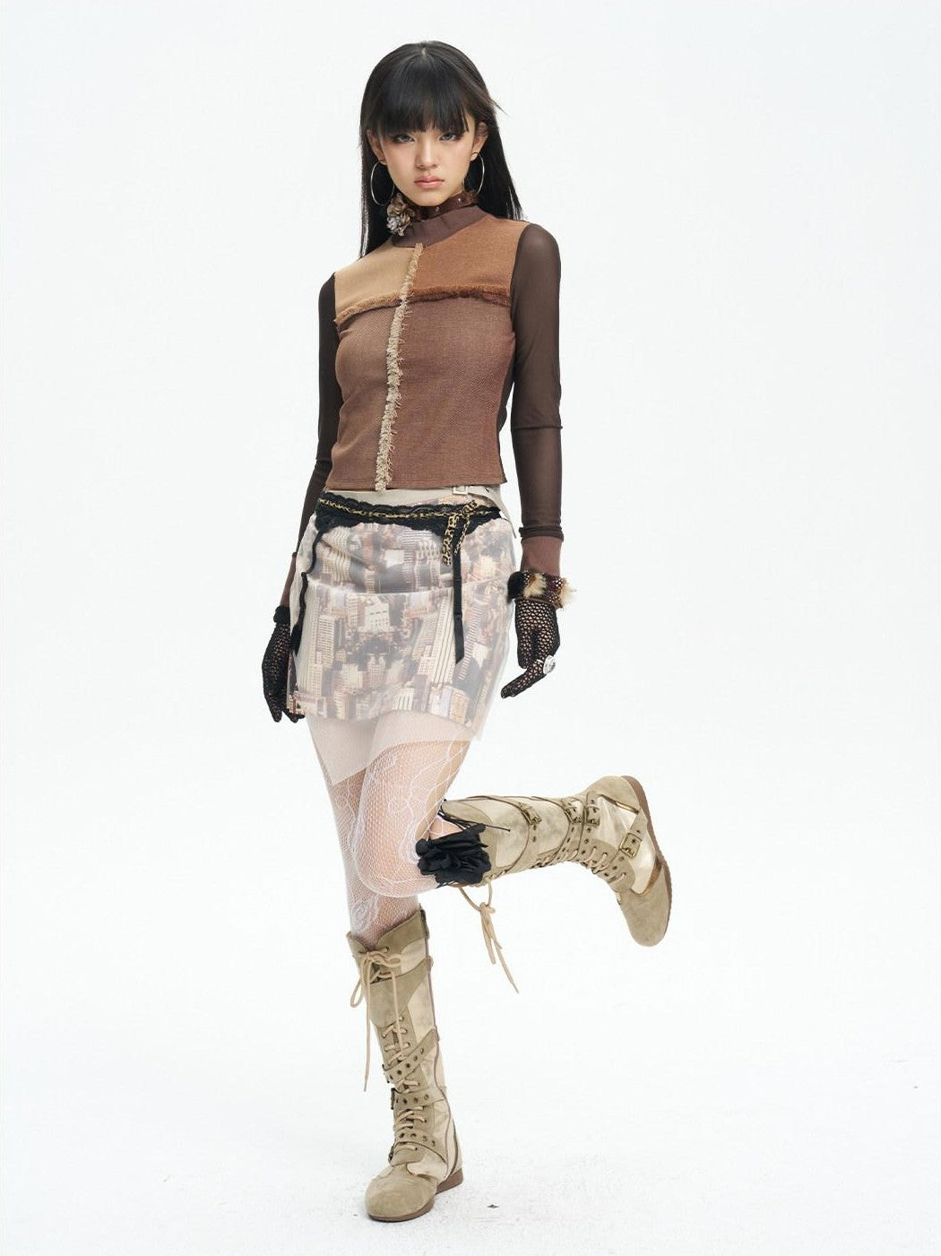 NextPassport MOF Sheer Overlay Asymmetric Double Waist A Line Retro Women's Mini Skirts