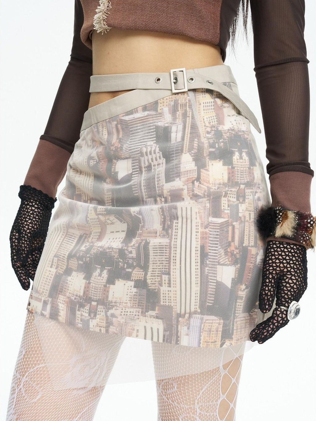 NextPassport MOF Sheer Overlay Asymmetric Double Waist A Line Retro Women's Mini Skirts