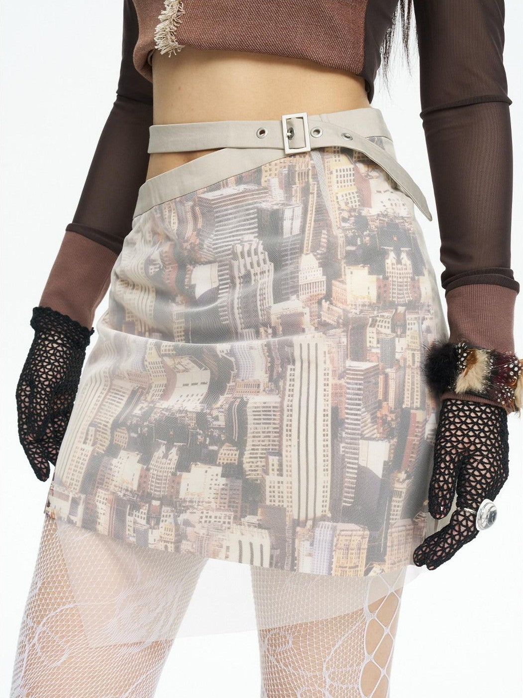 NextPassport MOF Sheer Overlay Asymmetric Double Waist A Line Retro Women's Mini Skirts