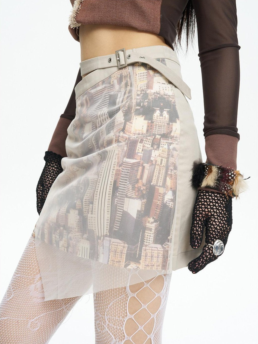 NextPassport MOF Sheer Overlay Asymmetric Double Waist A Line Retro Women's Mini Skirts