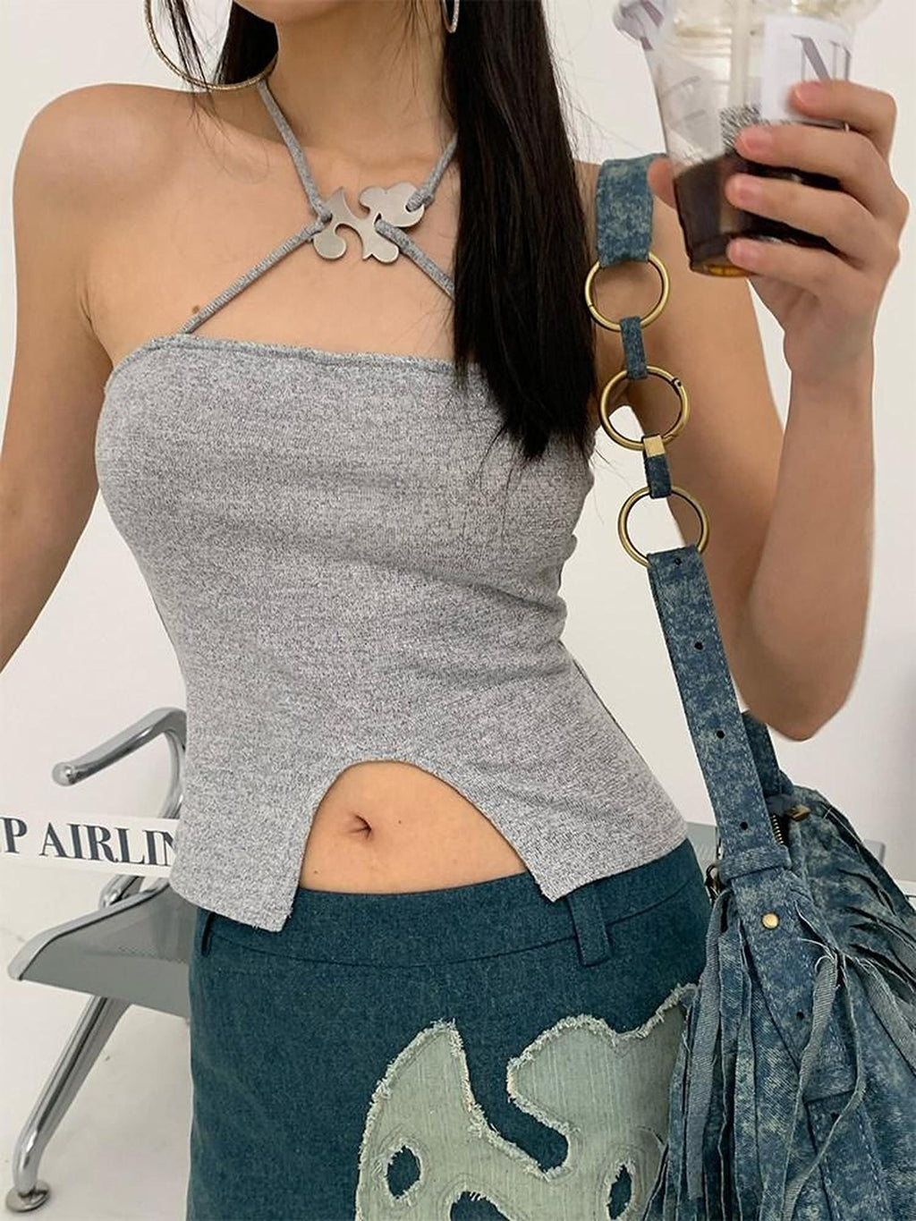 NextPassport MOF Shimmery Cross Halter Cropped Metal Plate Thin Strap Women's Knit Camisoles