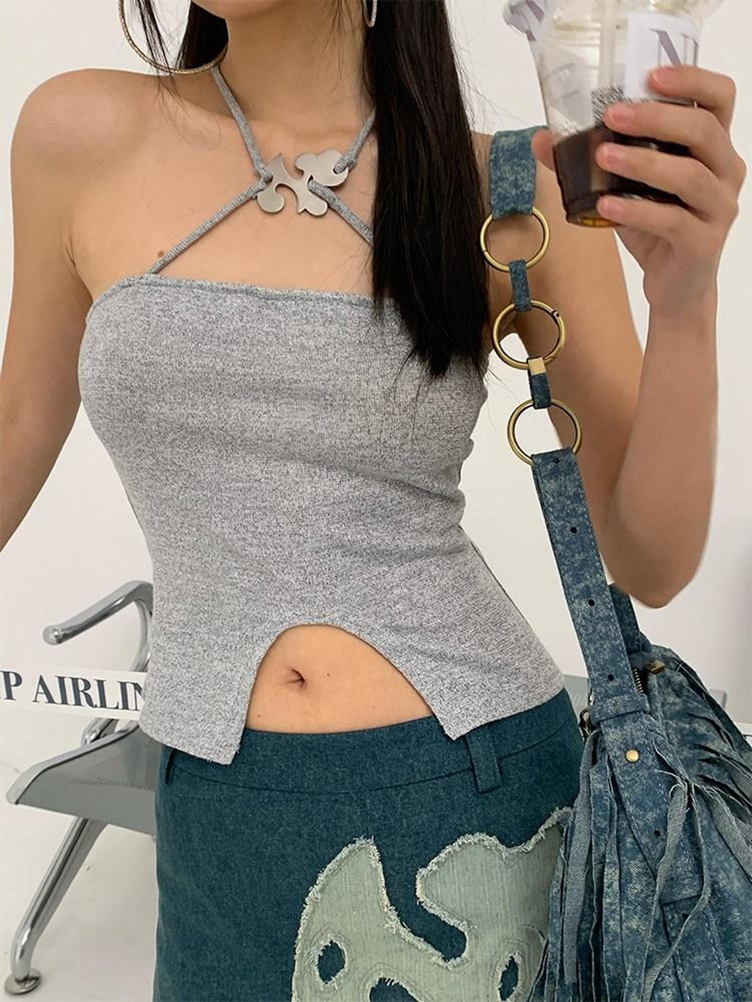 NextPassport MOF Shimmery Cross Halter Cropped Metal Plate Thin Strap Women's Knit Camisoles
