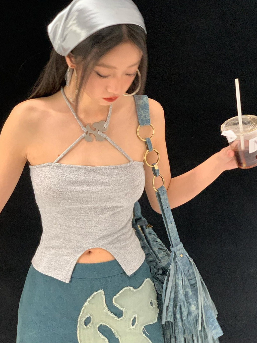 NextPassport MOF Shimmery Cross Halter Cropped Metal Plate Thin Strap Women's Knit Camisoles
