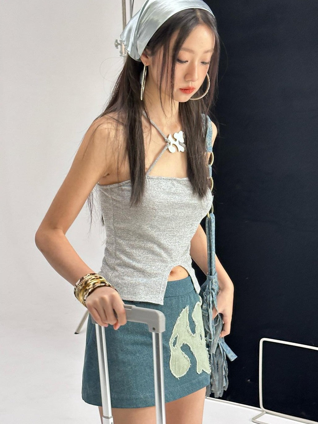 NextPassport MOF Shimmery Cross Halter Cropped Metal Plate Thin Strap Women's Knit Camisoles