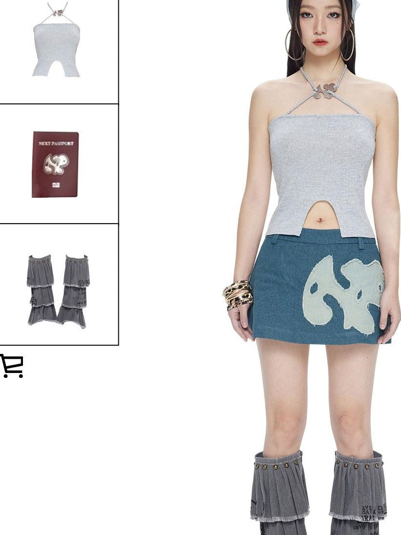 NextPassport MOF Shimmery Cross Halter Cropped Metal Plate Thin Strap Women's Knit Camisoles