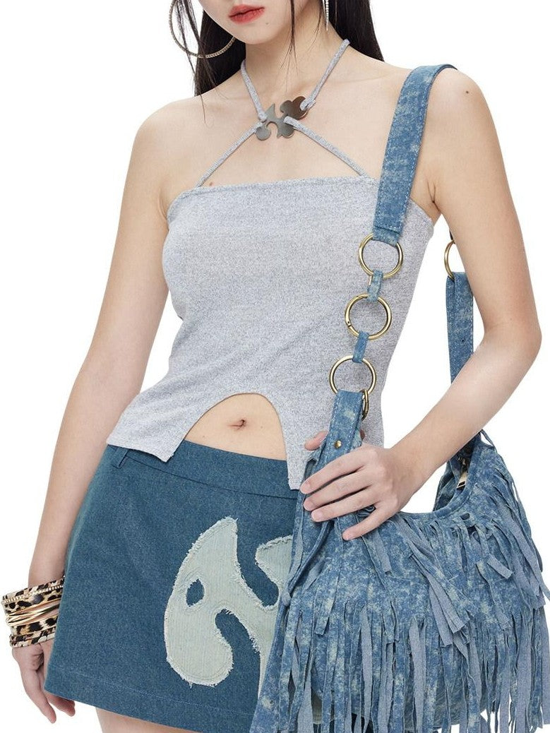 NextPassport MOF Shimmery Cross Halter Cropped Metal Plate Thin Strap Women's Knit Camisoles