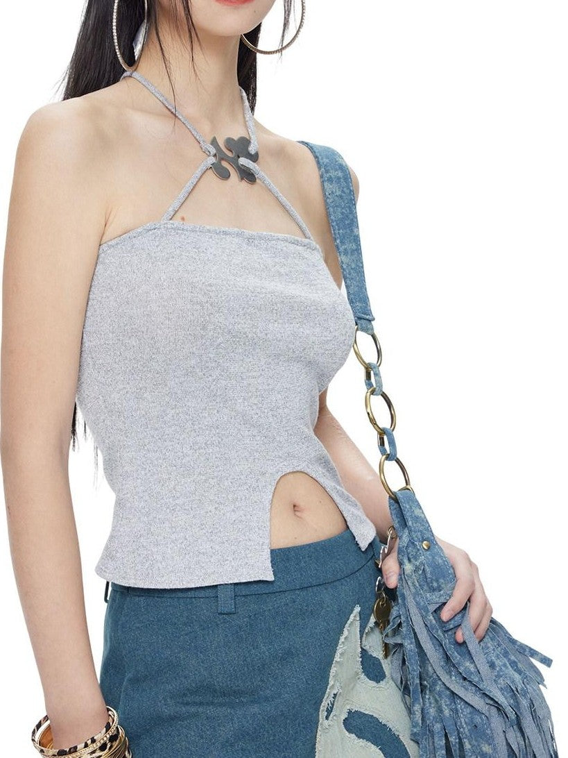 NextPassport MOF Shimmery Cross Halter Cropped Metal Plate Thin Strap Women's Knit Camisoles