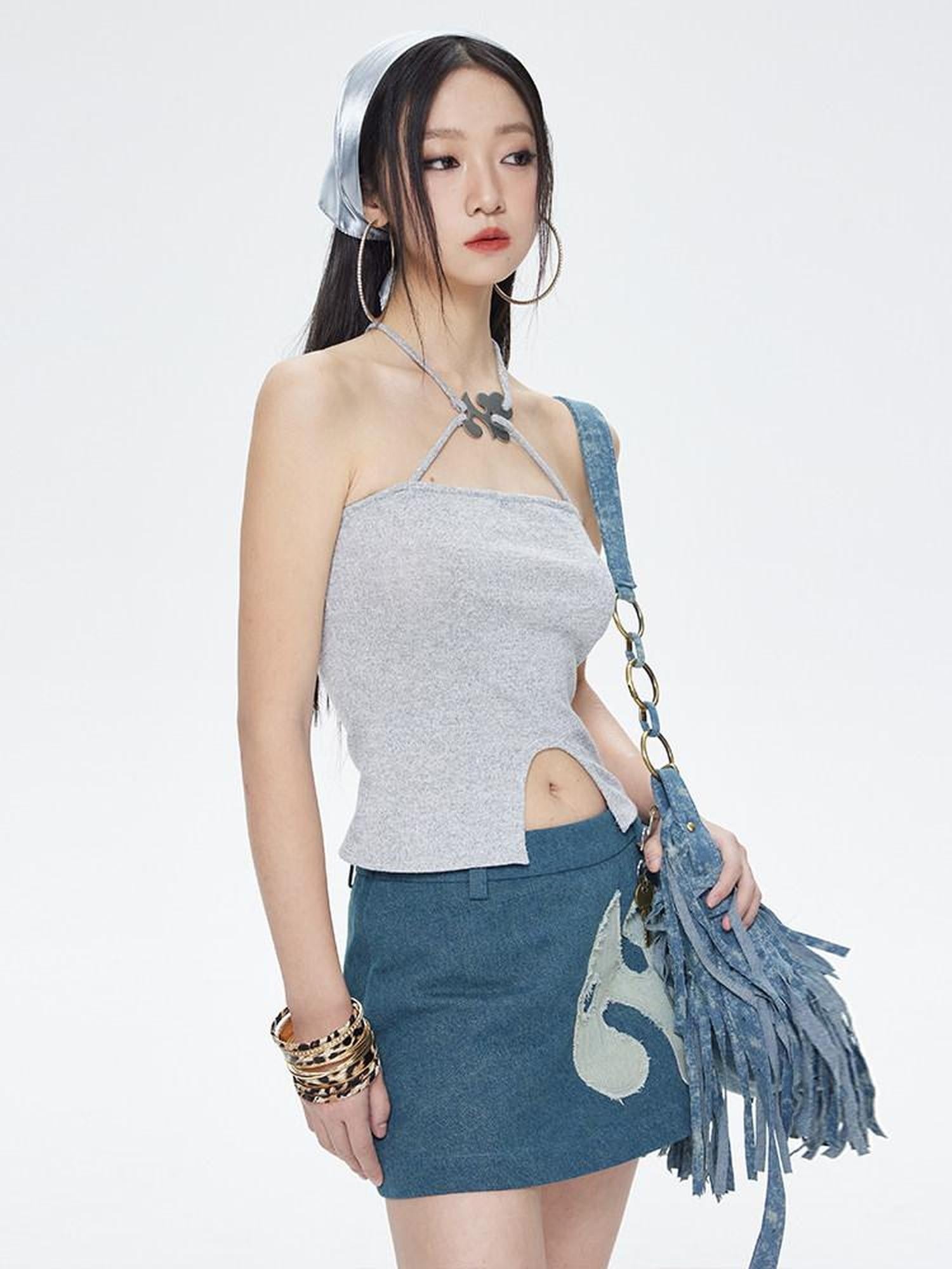 NextPassport MOF Shimmery Cross Halter Cropped Metal Plate Thin Strap Women's Knit Camisoles