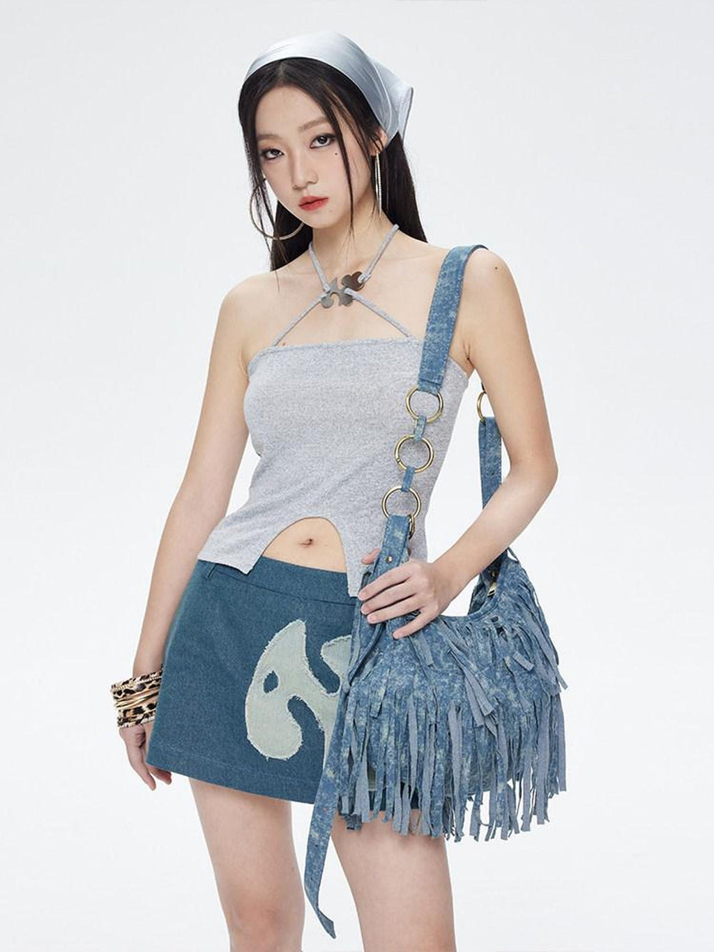 NextPassport MOF Shimmery Cross Halter Cropped Metal Plate Thin Strap Women's Knit Camisoles