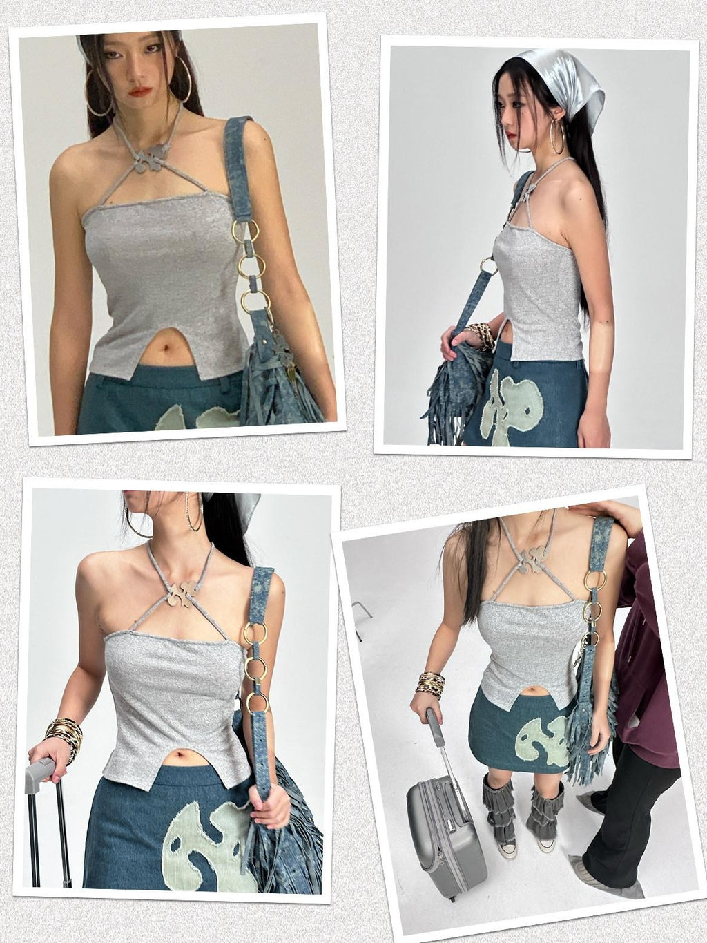 NextPassport MOF Shimmery Cross Halter Cropped Metal Plate Thin Strap Women's Knit Camisoles