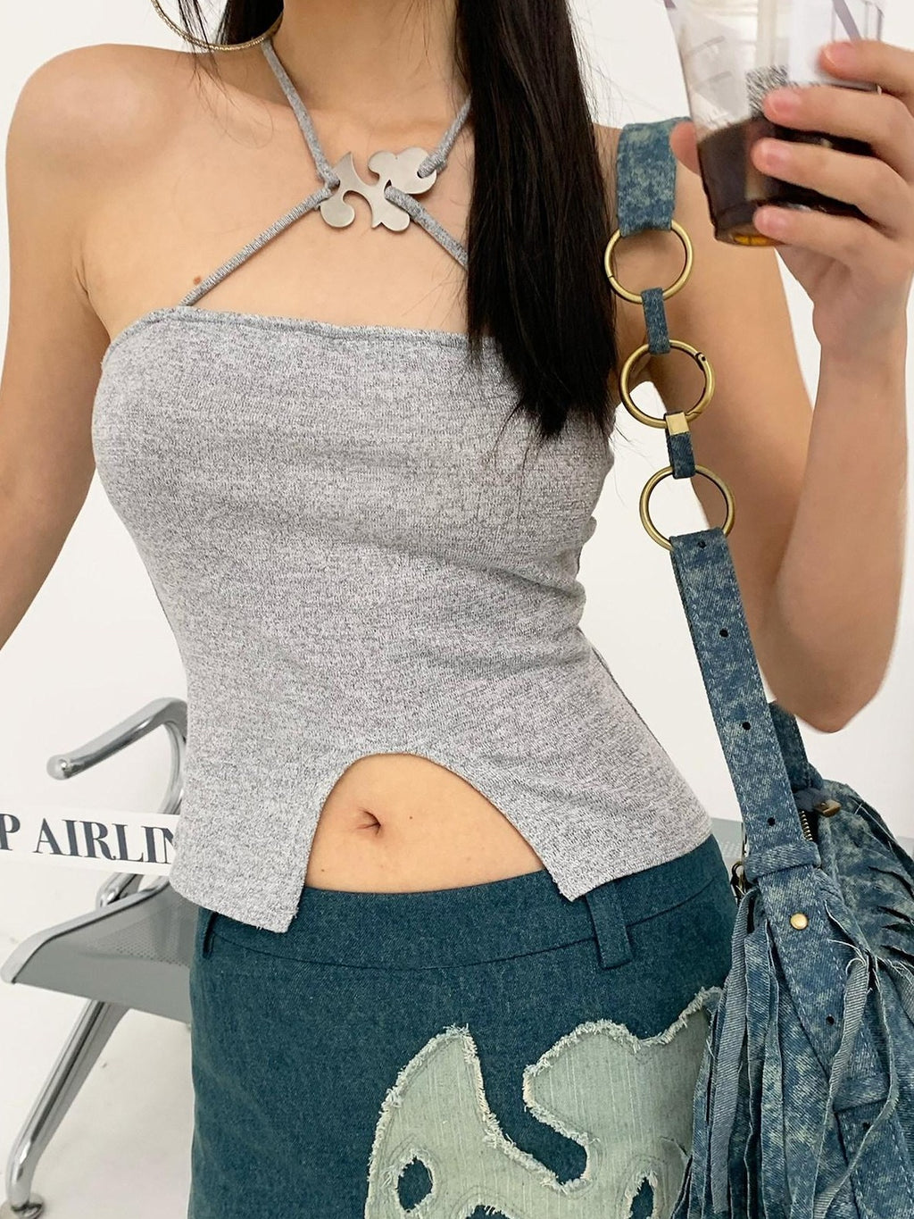 NextPassport MOF Shimmery Cross Halter Cropped Metal Plate Thin Strap Women's Knit Camisoles