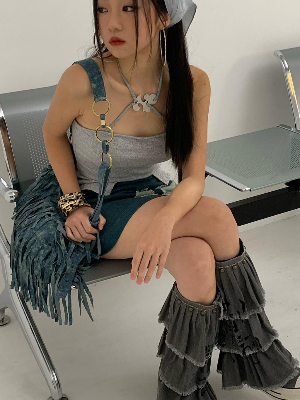 NextPassport MOF Shimmery Cross Halter Cropped Metal Plate Thin Strap Women's Knit Camisoles