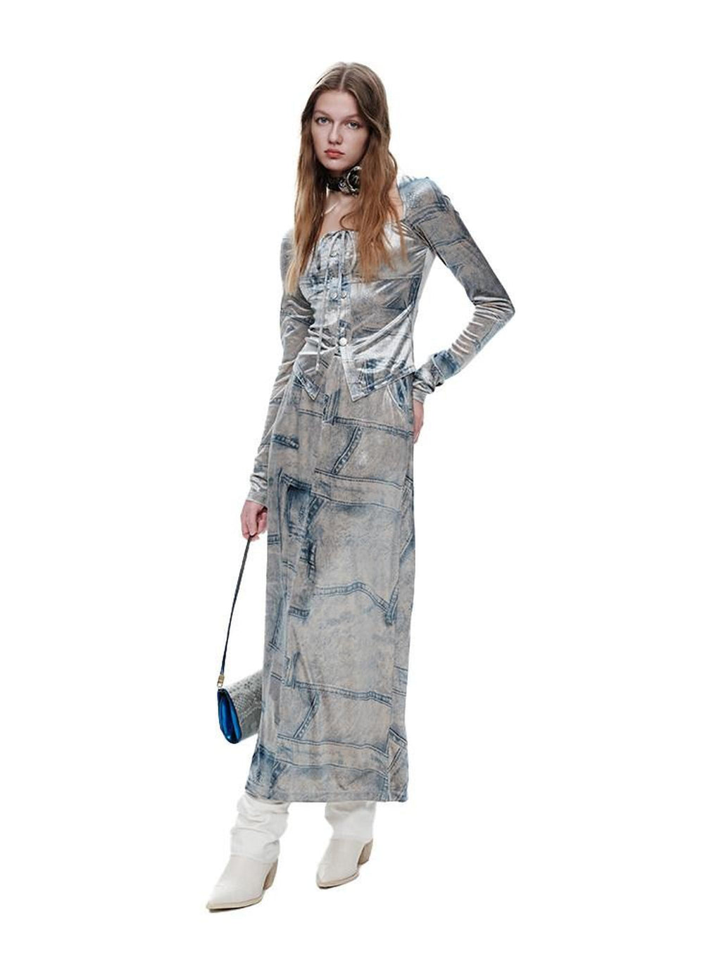 NextPassport MOF Silver Gray Faux Denim Velvet Chic Women's Faux Denim Velvet Matching Skirt Sets