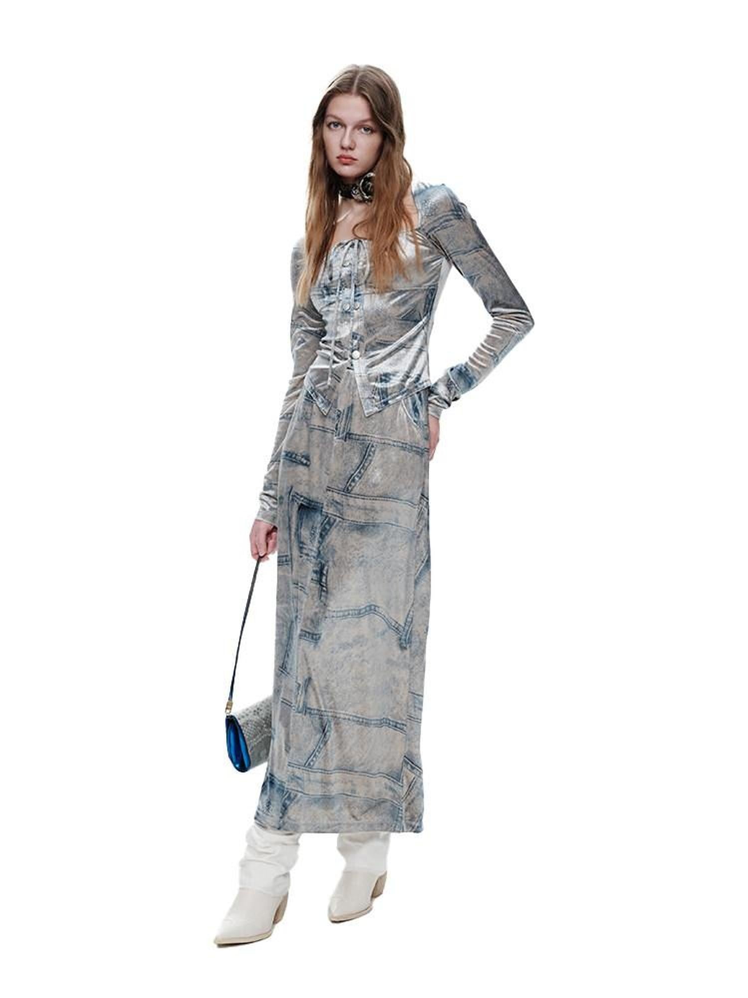 NextPassport MOF Silver Gray Faux Denim Velvet Chic Women's Faux Denim Velvet Matching Skirt Sets