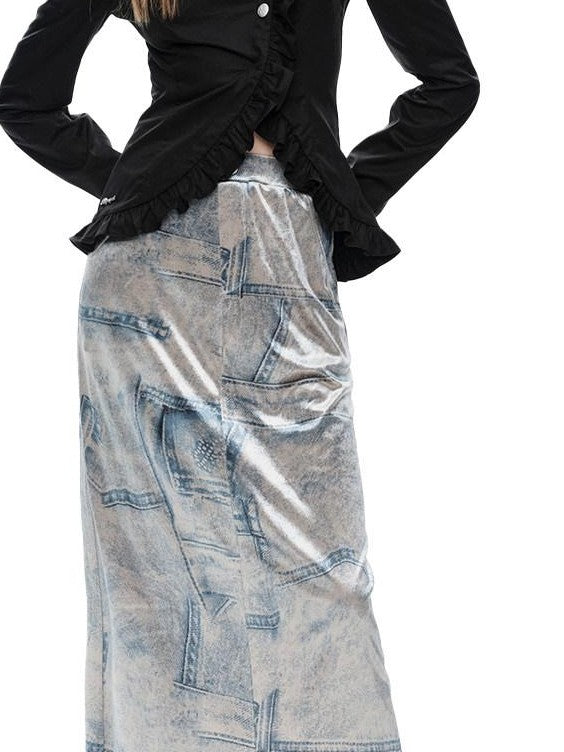 NextPassport MOF Silver Gray Faux Denim Velvet Chic Women's Faux Denim Velvet Matching Skirt Sets