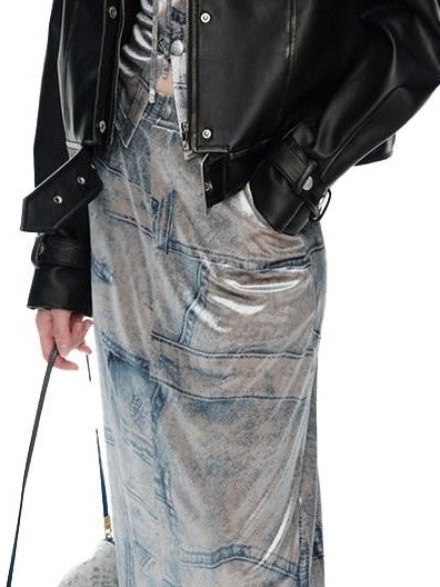 NextPassport MOF Silver Gray Faux Denim Velvet Chic Women's Faux Denim Velvet Matching Skirt Sets