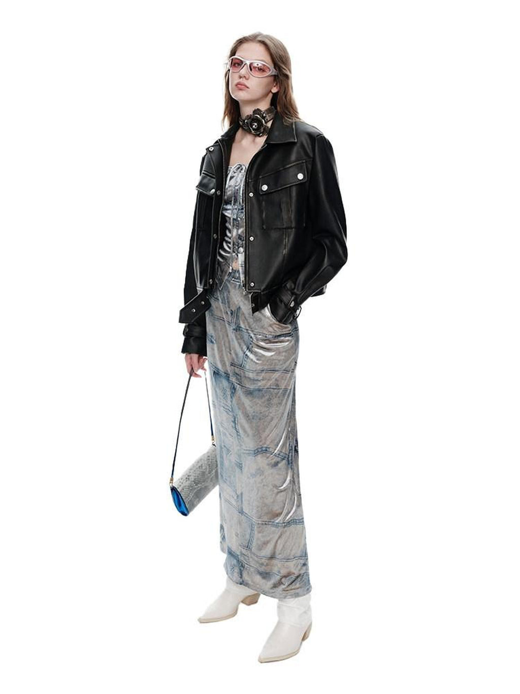 NextPassport MOF Silver Gray Faux Denim Velvet Chic Women's Faux Denim Velvet Matching Skirt Sets